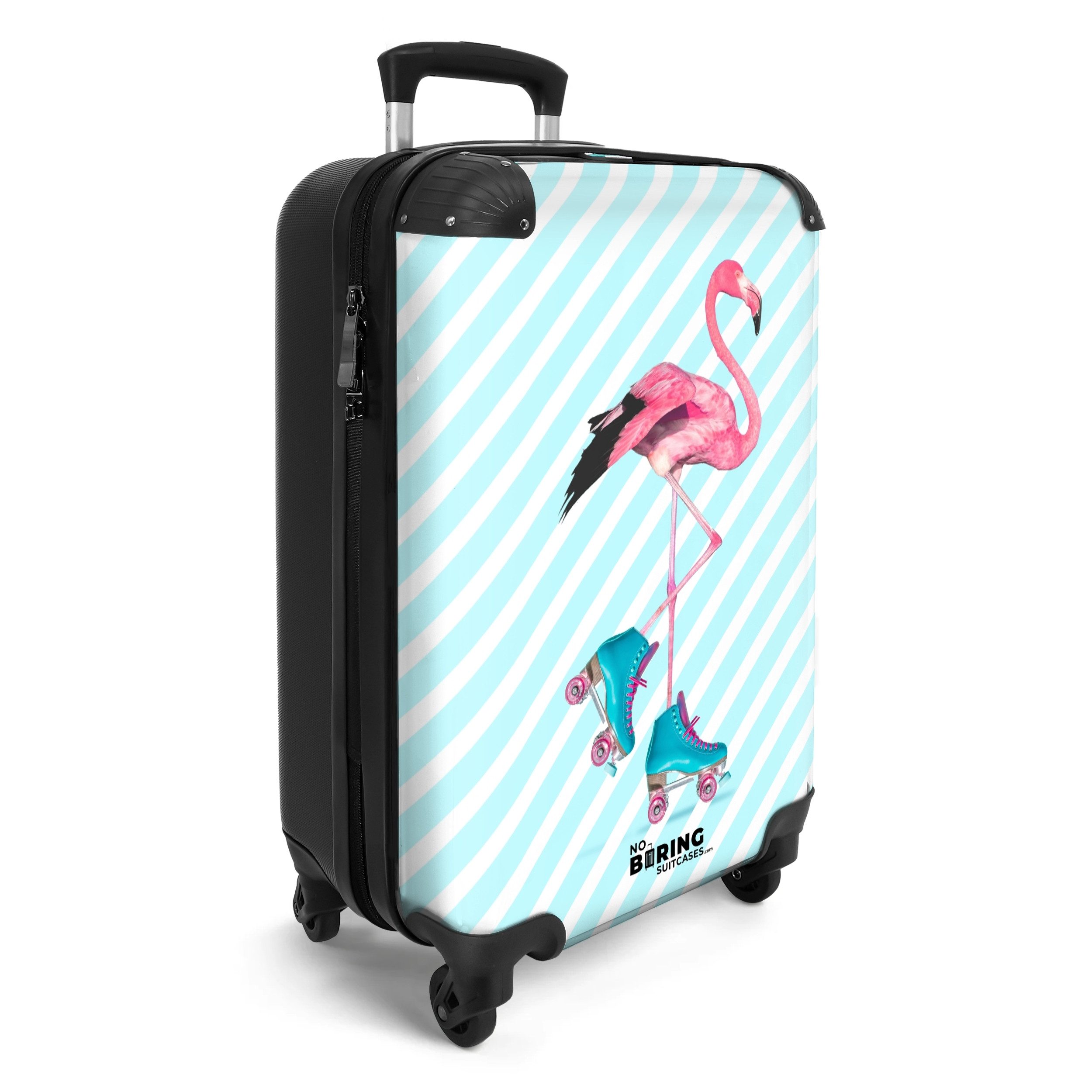 NoBoringSuitcases.com© Hartschalen-Trolley Flamingo mit blauen Rollschuhen 55x35x20cm, 4 Rollen, Reisetasche mit Rollen, Koffer Handgepäck Flugzeug