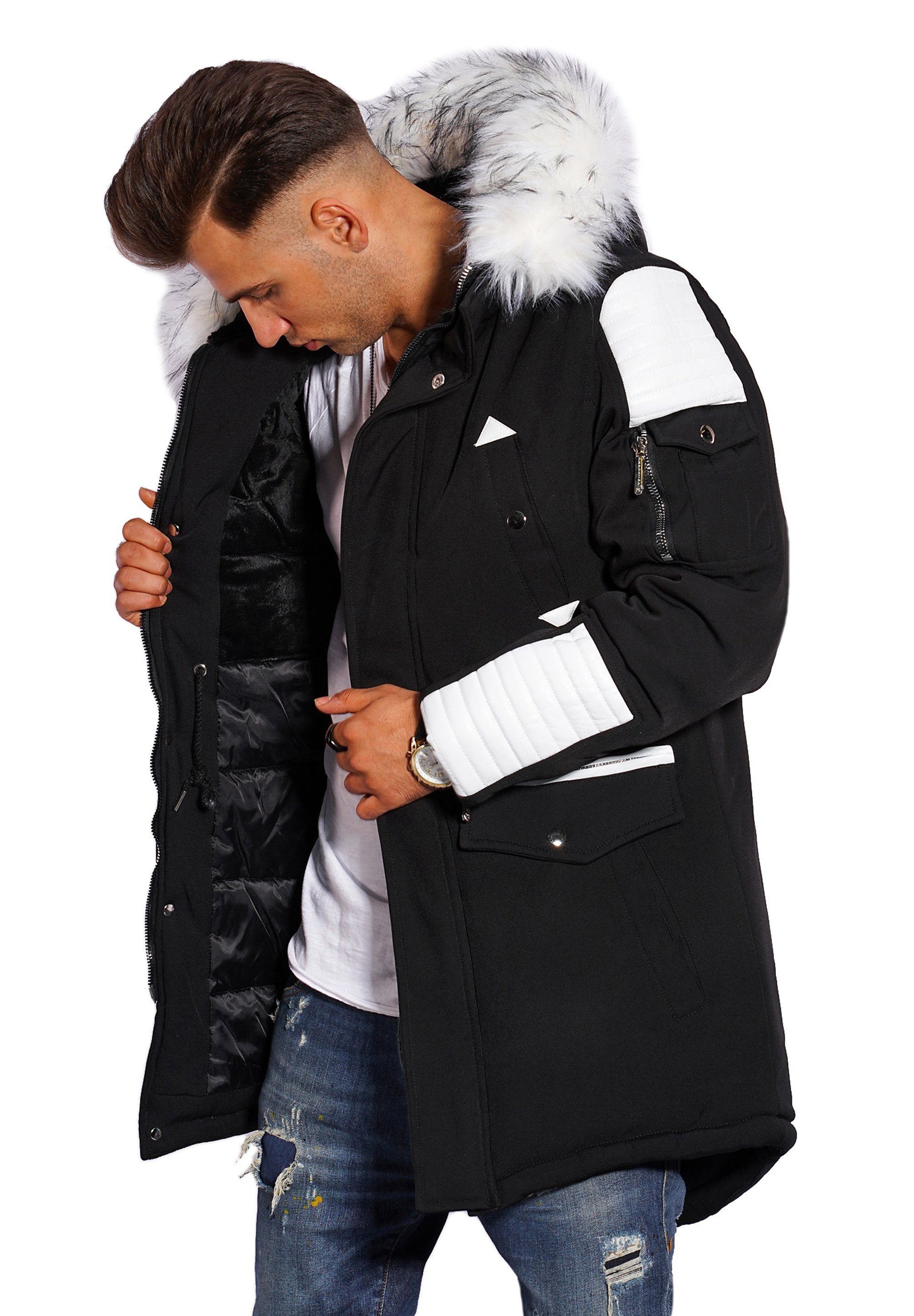 Style-Division Parka S2HOLMSBU Parka Puffer mit Weiß-Black Kapuze Kunstfell Jacke Lang &