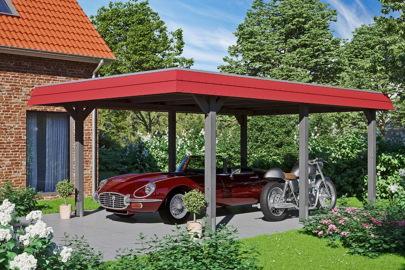 Thumbnail - Skanholz Einzelcarport Wendland, BxT: 409x628 cm, 210 cm Einfahrtshöhe, mit EPDM-Dach, rote Blende