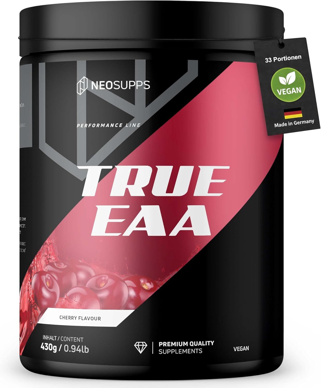 Neosupps EAA Pulver Cherry 430g, hochdosiert 10.300mg EAAs pro Portion Pulver, 430 g, Hochwertige Essenzielle Aminosäuren für vor & während des Trainings
