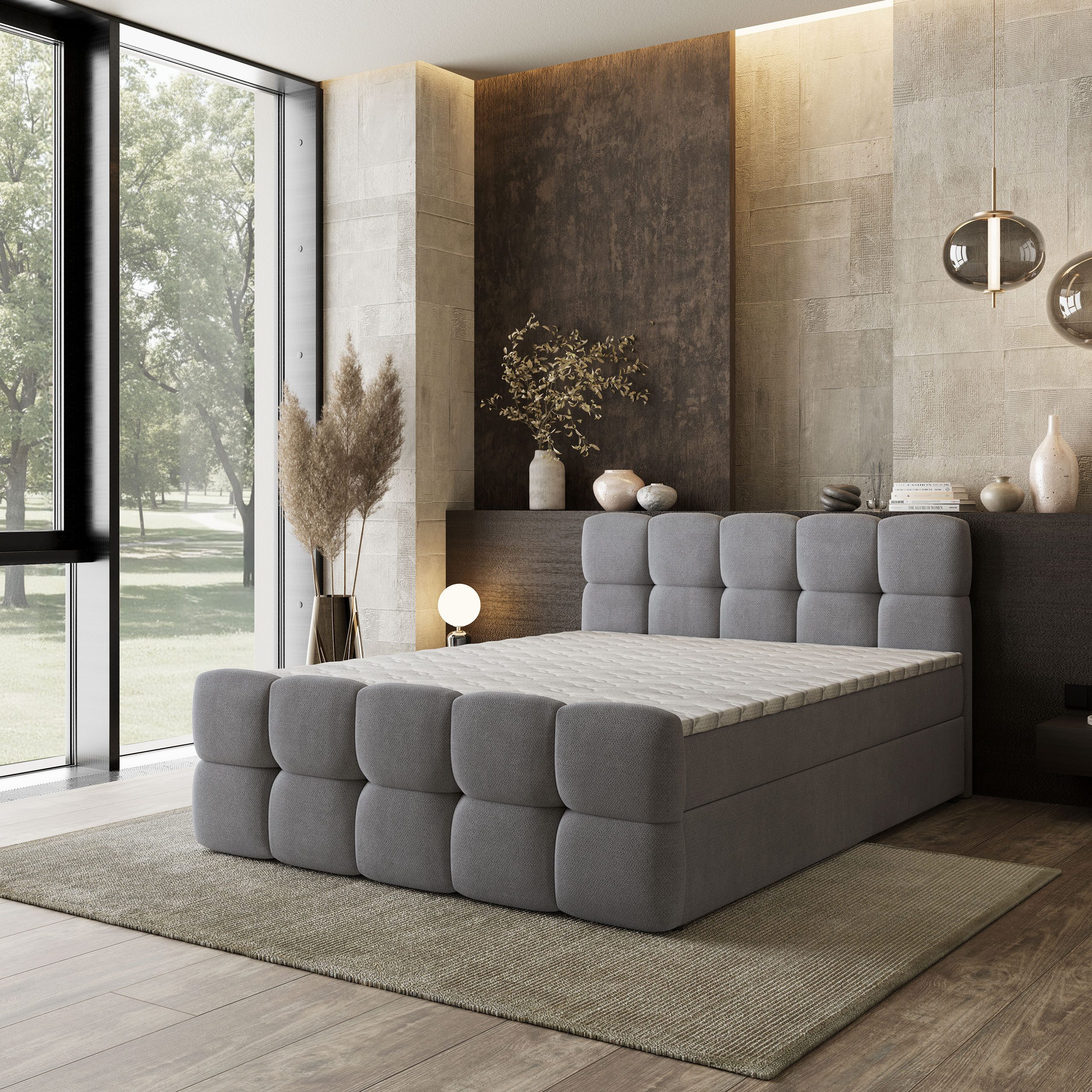 Masseno Boxbett BRUME 160x200 cm mit Bonell Matratze und Topper, Doppelbett, Polsterbett mit Kopfteil, Boxspringbett