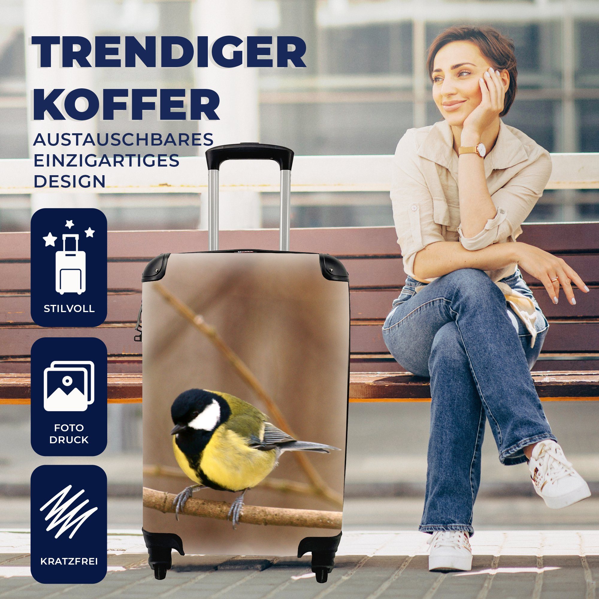 MuchoWow Handgepäckkoffer Reisekoffer Ferien, auf Ast einem Kohlmeise Reisetasche 4 rollen, für Handgepäck sitzend, Trolley, mit Rollen