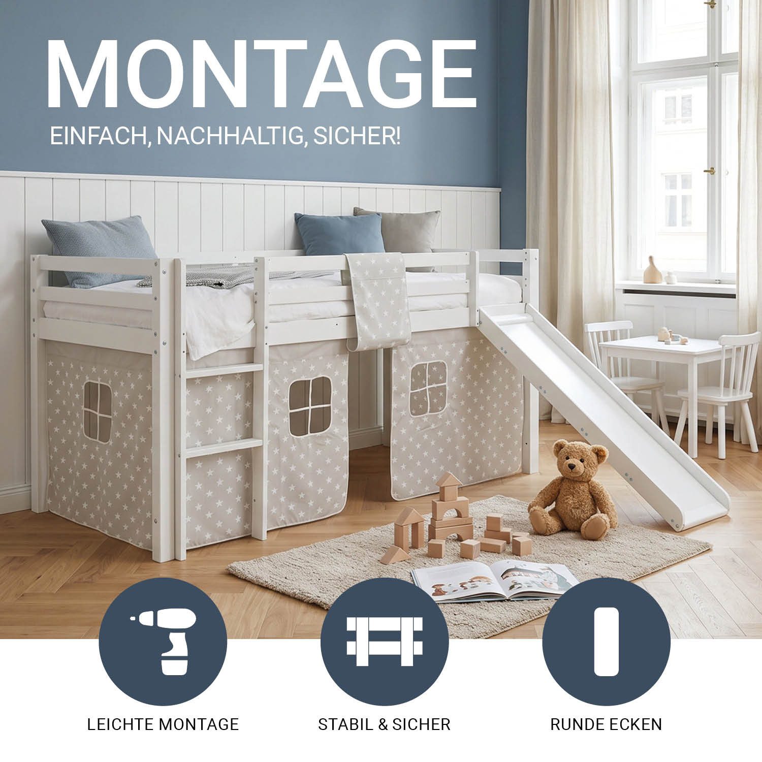 Homestyle4u Hochbett 90x200 Weiß mit Vorhang Sterne Grau für 1 Kind Kiefer Massiv Kinder (Set, mit Lattenrost und Rutsche, Jungen Mädchen, Spielbett)