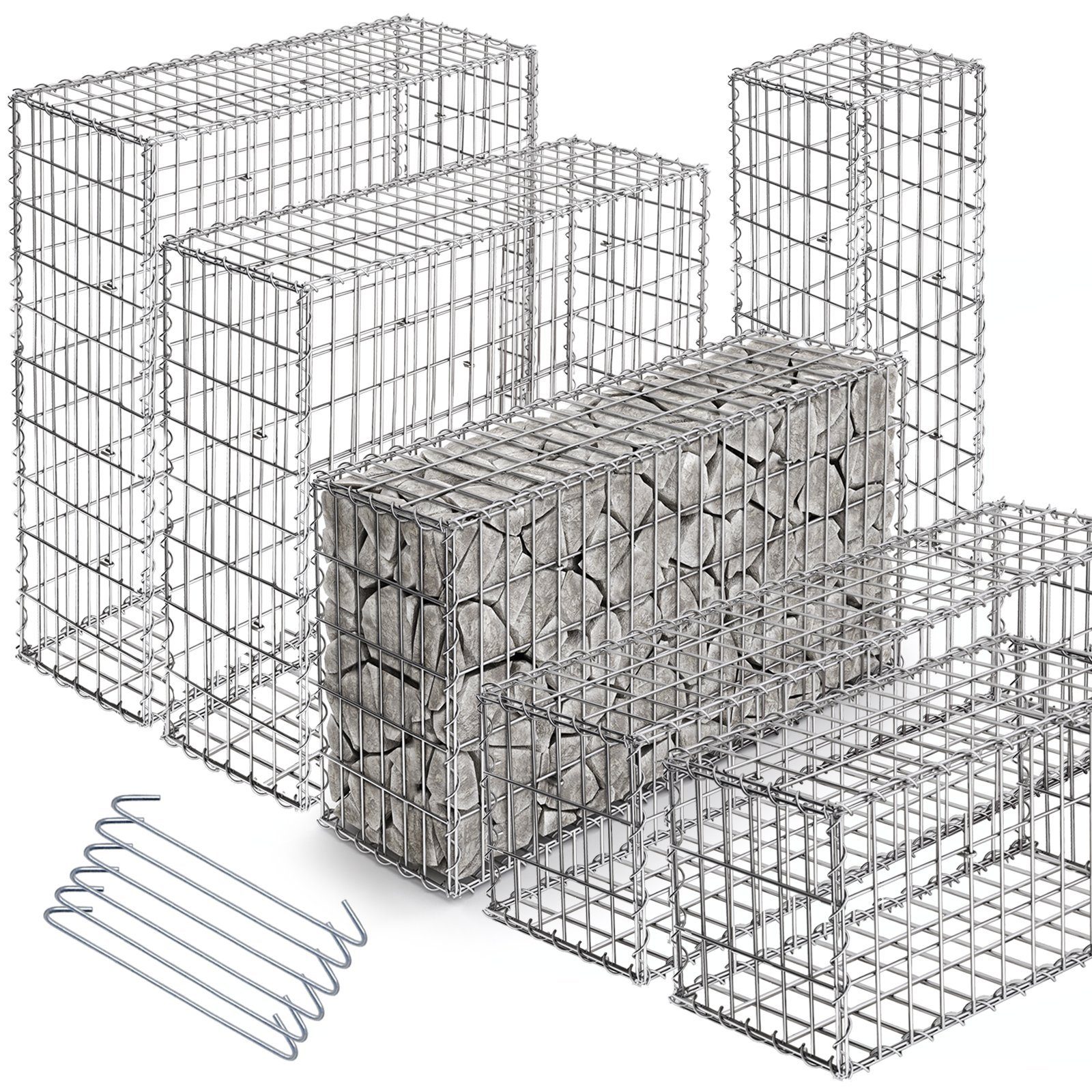 VENDOMNIA Gartenzaun Gabionen mit Spiralverbindungen und Distanzhalter, (Setwahl - Steinkörbe, Steinzaun, Steinkorb, Gabionenkörbe, Steingabionen, Drahtkorb Gabione, Zaun, Steingabionen, Drahtkorb Gabione, Zaun), Verzinkter Stahl, Drahtstärke 3,5 mm, 6 Modelle