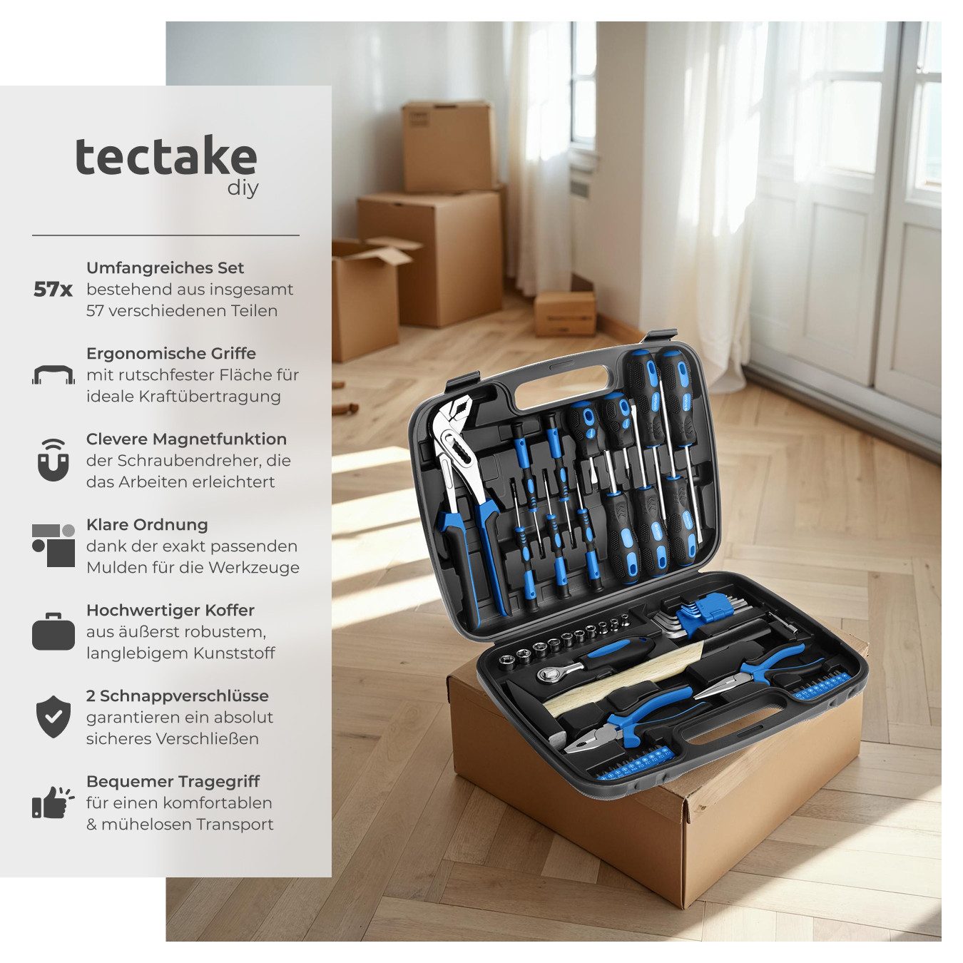 tectake Werkzeugtrolley Werkzeugkoffer, umfangreiches Sortiment, Werkzeugkasten mit (Komplettset, 57-teilig), übersichtliche Anordnung, robuste Kunststoffschale