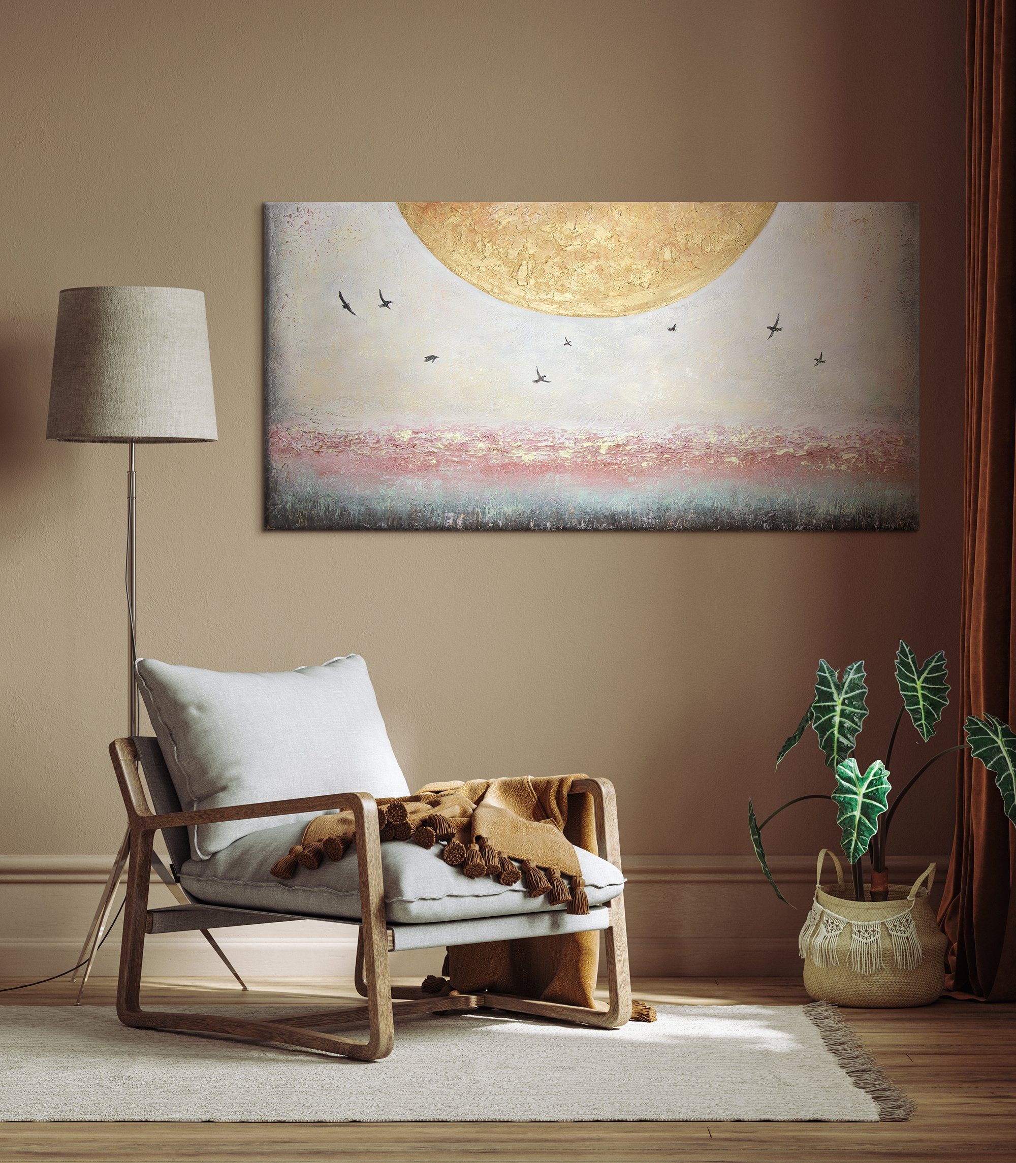 Vögel Landschaft, Süden Gemälde Bild Ohne Gold Leinwand Handgemalt Schattenfugenrahmen YS-Art Sonnenenergie, Sonne