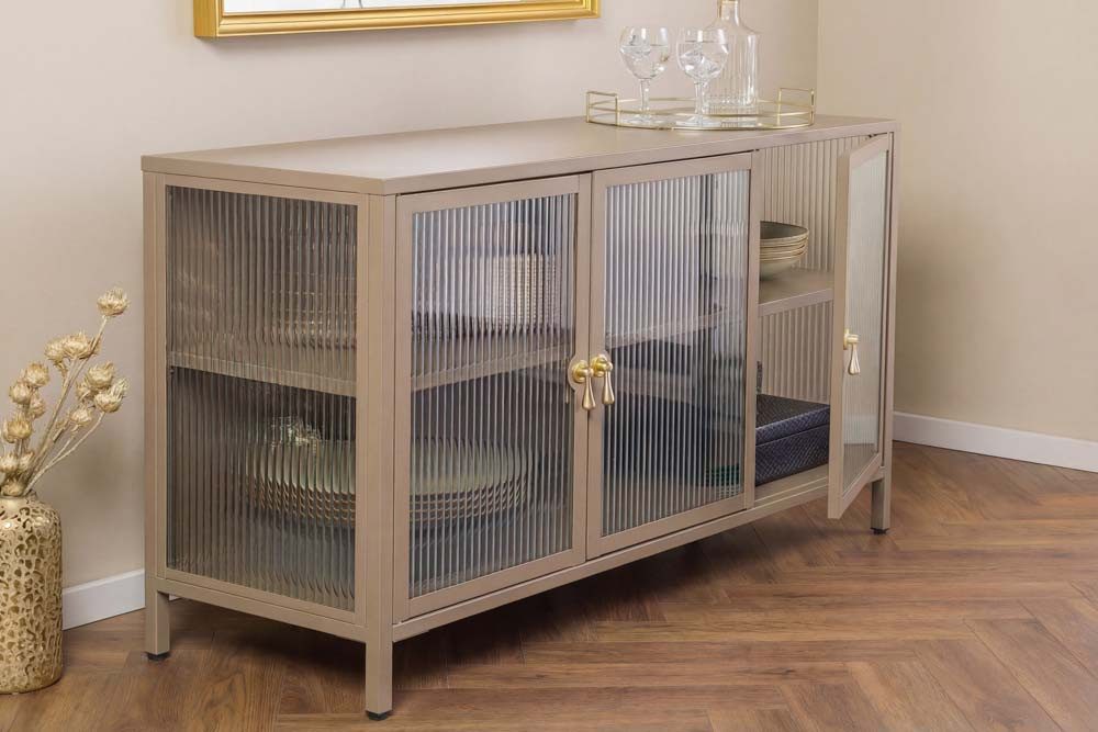 riess-ambiente Sideboard AMSTERDAM 105cm beige/gold - Metall, Riffelglas, 3 Türen, Vitrine (Einzelartikel, 1 St), mit verstellbaren Böden & Stauraum – ideal für – Bild 4 von 5