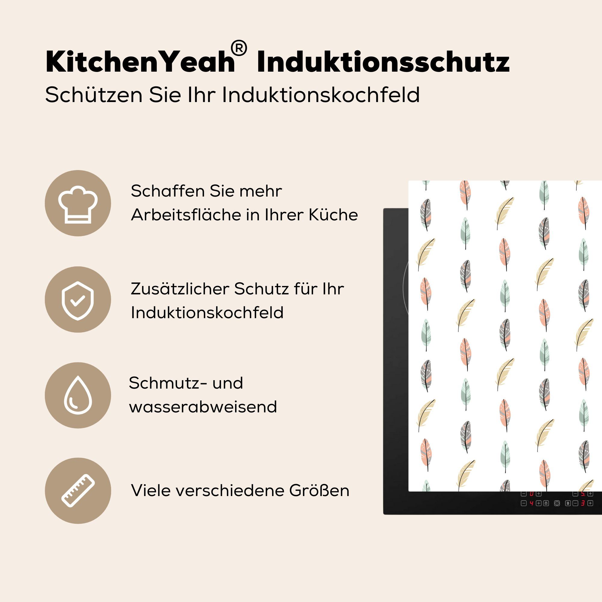 Vinyl, (1 Muster cm, Herdblende-/Abdeckplatte Federn für Ceranfeldabdeckung, Pastell, - küche MuchoWow 78x78 tlg), Arbeitsplatte -