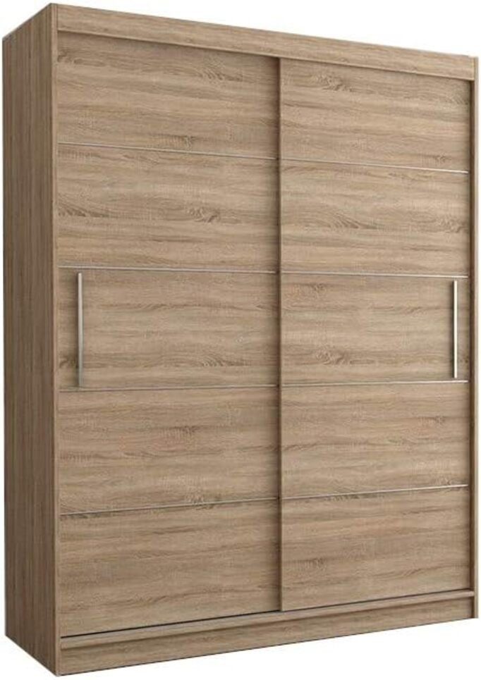 MOEBLO Kleiderschrank LARA 06 (mit dekorativen Elementen aus Aiminium, Schwebetürenschrank 2-türig Schrank, Gaderobe mit vielen Einlegeböden und Kleiderstange), (BxHxT): 150x200x61 cm Sonoma | Sonoma