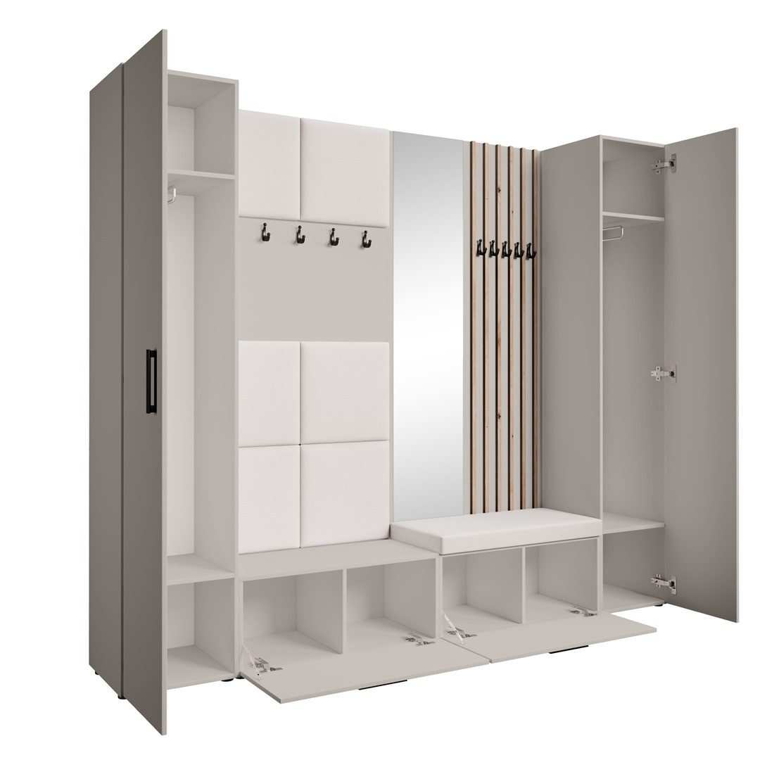 Beautysofa Garderobenschrank mit gepolsterten Paneelen und Spiegel MARGARET XL (zwei praktische Schuhschränke und zwei komfortable Kleiderschränke mit Kleiderstangen) mit dekorative Lamellen und praktischen Kleiderhaken