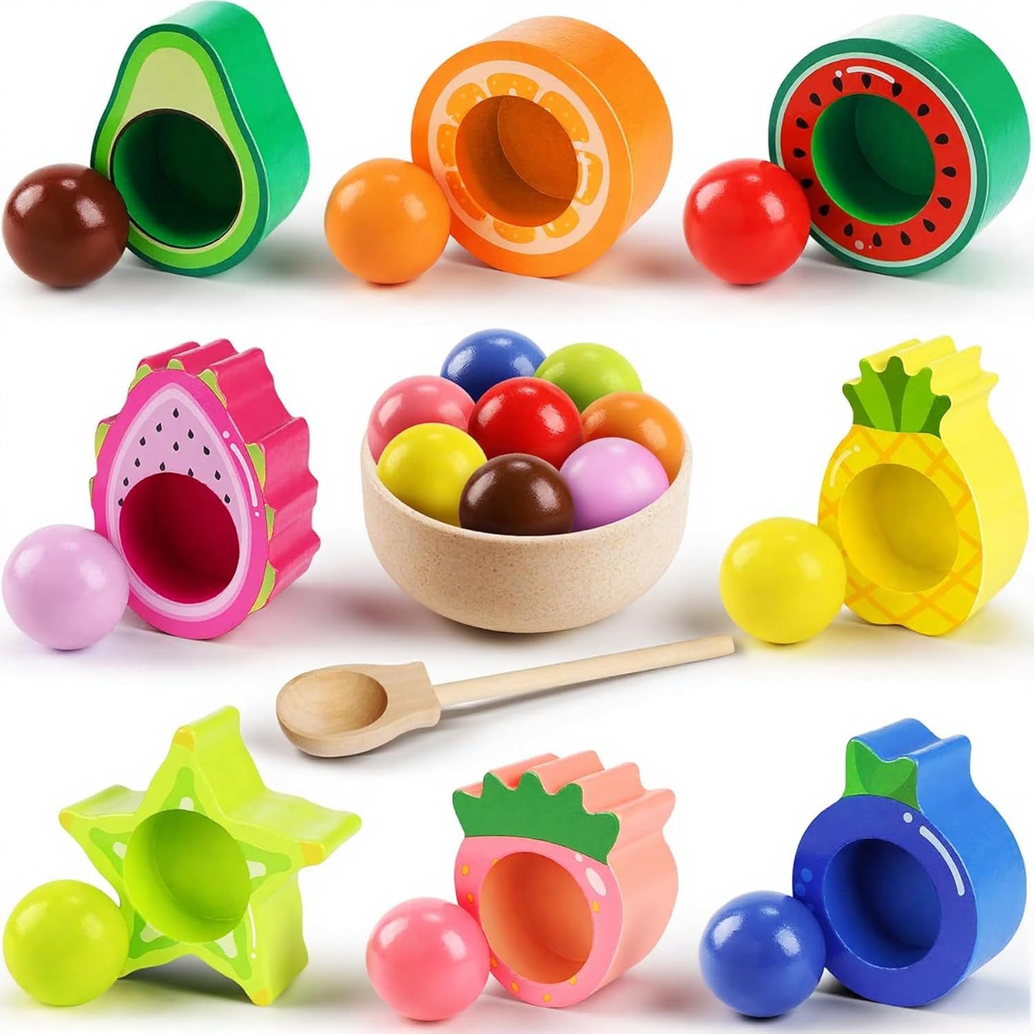 POPOLIC Lernspielzeug Montessori Spielzeug ab 2 Jahr, Baby Motorikspielzeug (Obst Holzspielzeug, Kinder Lernspielzeug), Geschenk für Baby Mädchen Jungen 2 3 4 Jahre