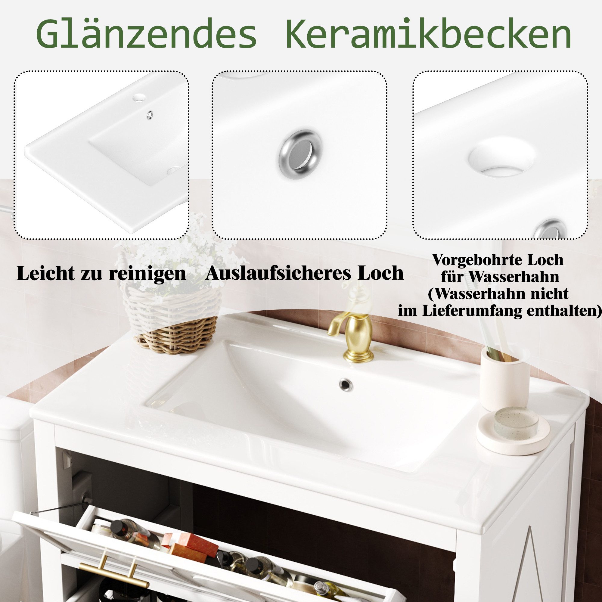 Odikalo Waschtisch Badezimmerunterschrank Badmöbel mit Keramikbecken & Stauraum (81x46,5cm, 3 Schubladen Retro Waschtischunterschrank mit Soft-Close-Funktion, Freistehendes Badezimmer Möbel Set mit Metallgriffen)