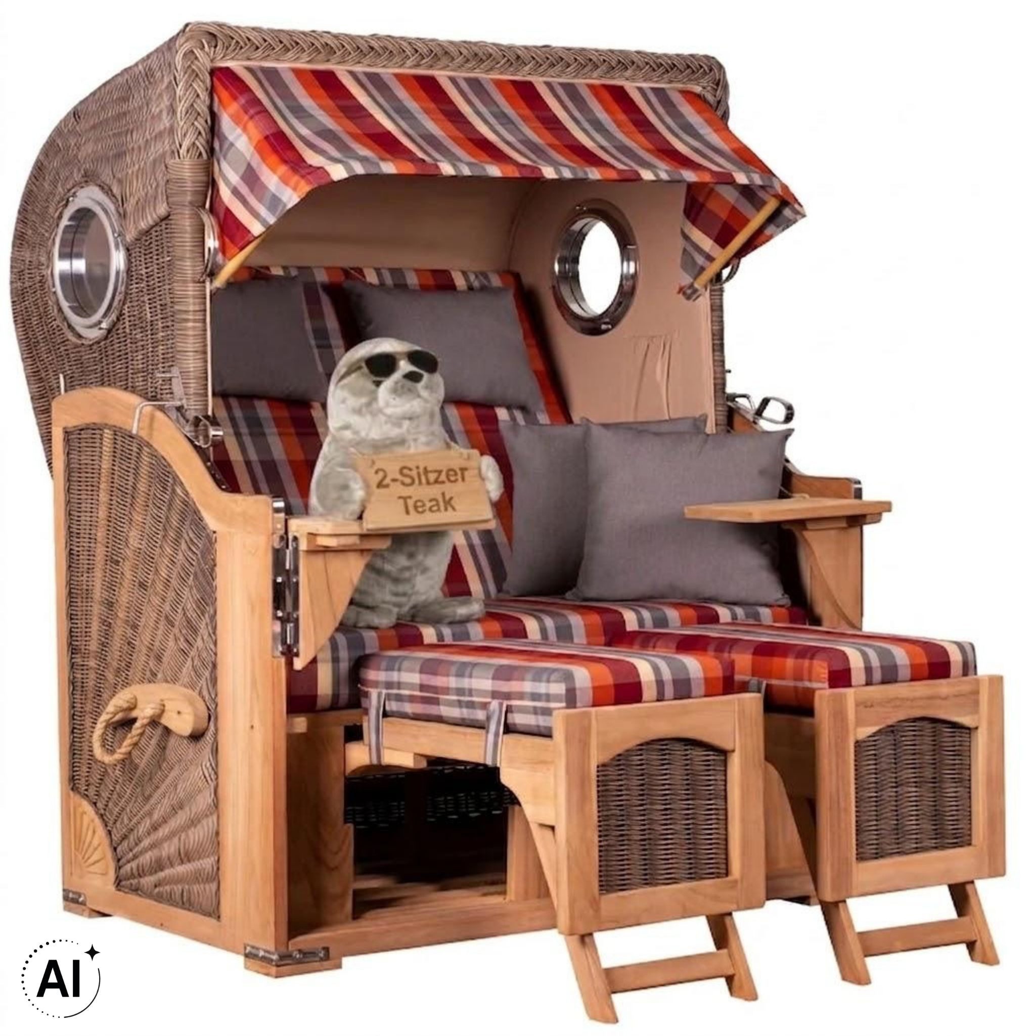 MR.DEKO Strandkorb Düne 2-Sitzer Teak Bullauge wetterfest PE-Geflecht grey, BxTxH: 125x80x170 cm, Düne, Düne, (Fertig montierter Strandkorb für Garten, Terrasse & Balkon), Wetterfester Volllieger mit Edelstahlbeschlägen & waschbaren Polstern