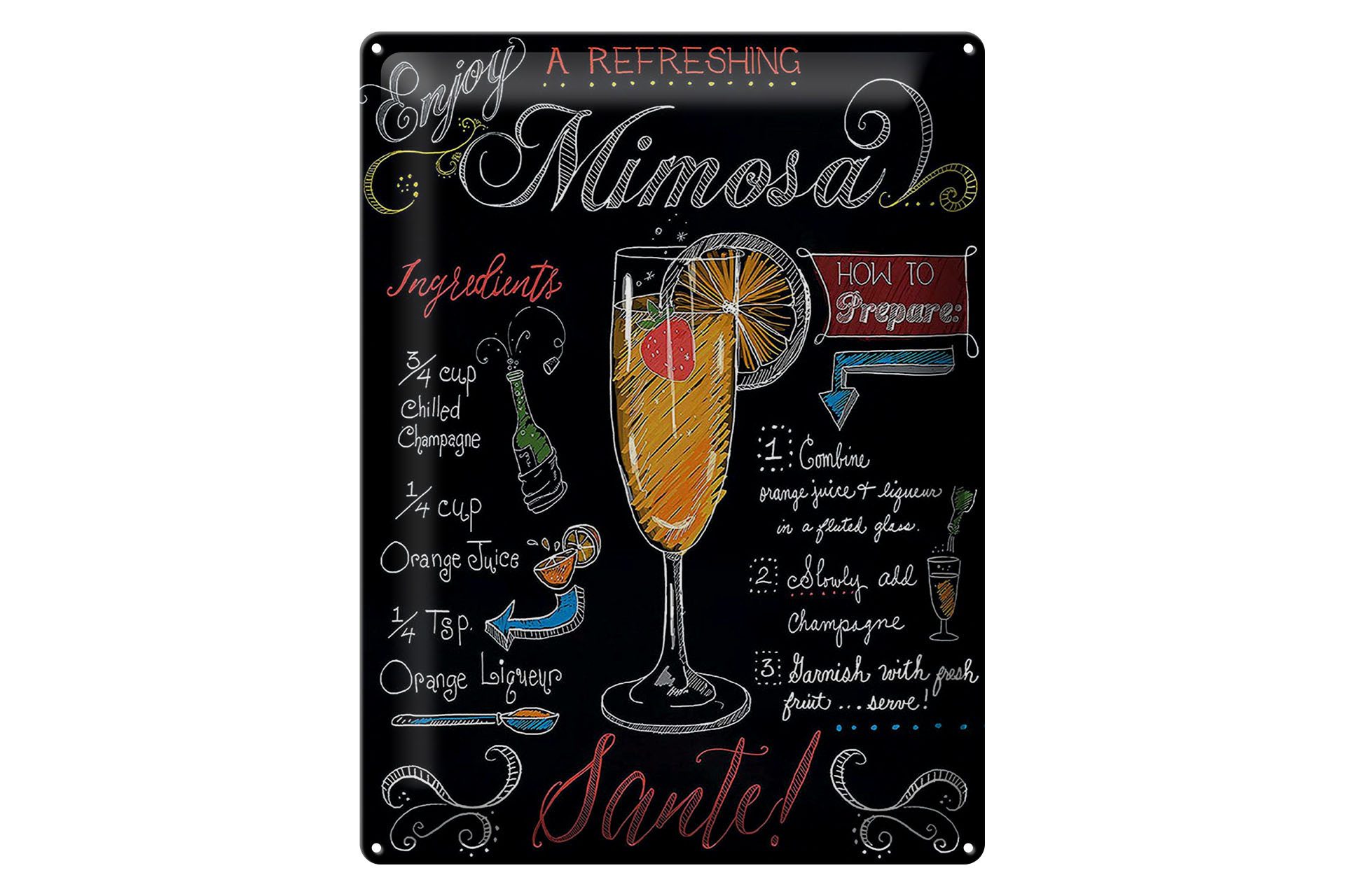 Femer GmbH Metallschild Cocktail 30x40 cm Enjoy Mimosa Rezept Tafeloptik, (1 St), gewölbte Oberfläche, abgerundete Ecken, umgeschlagene Kanten
