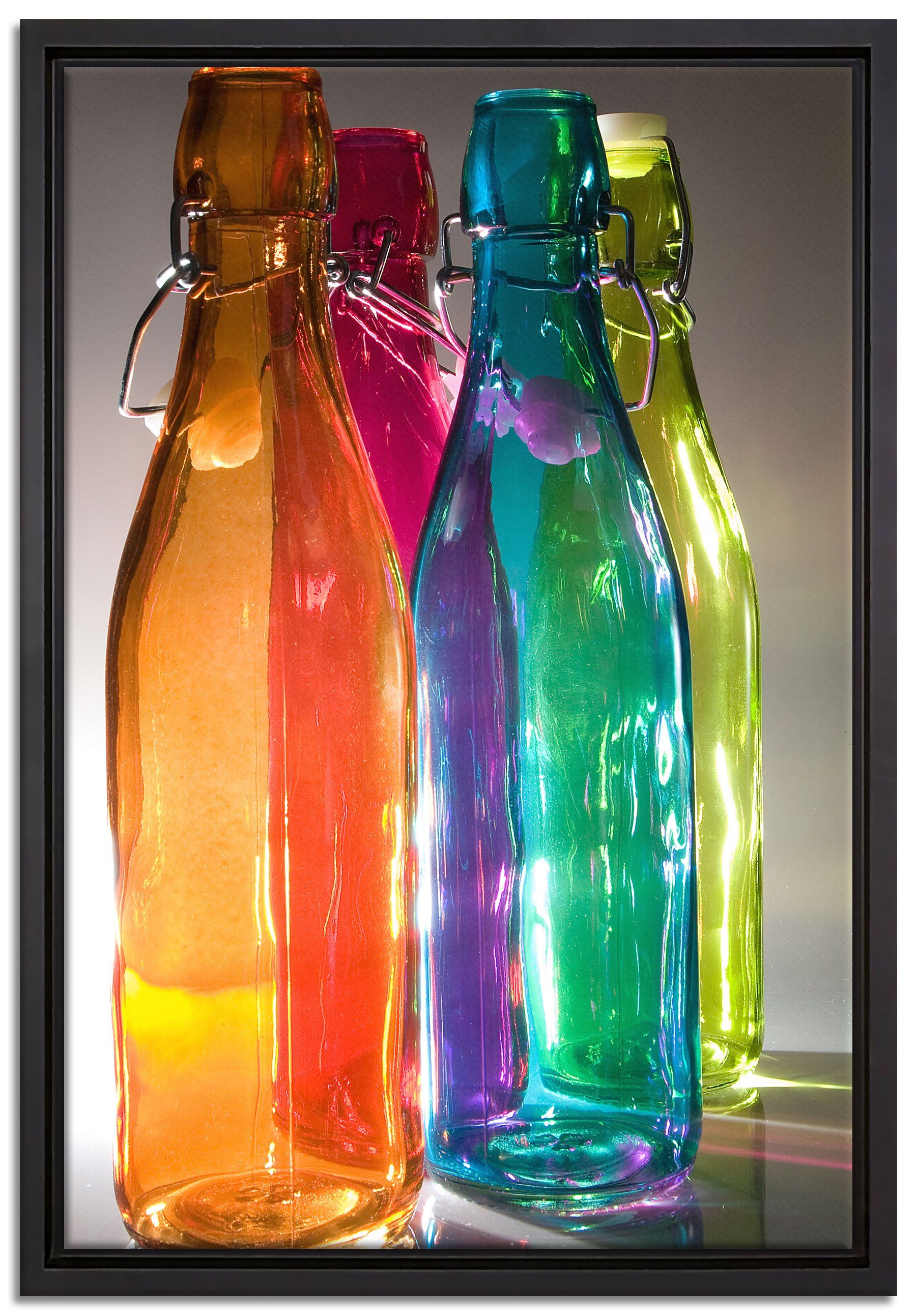 Pixxprint Leinwandbild bunte Glasflaschen, Wanddekoration (1 St), Leinwandbild fertig bespannt, in einem Schattenfugen-Bilderrahmen gefasst, inkl. Zackenaufhänger