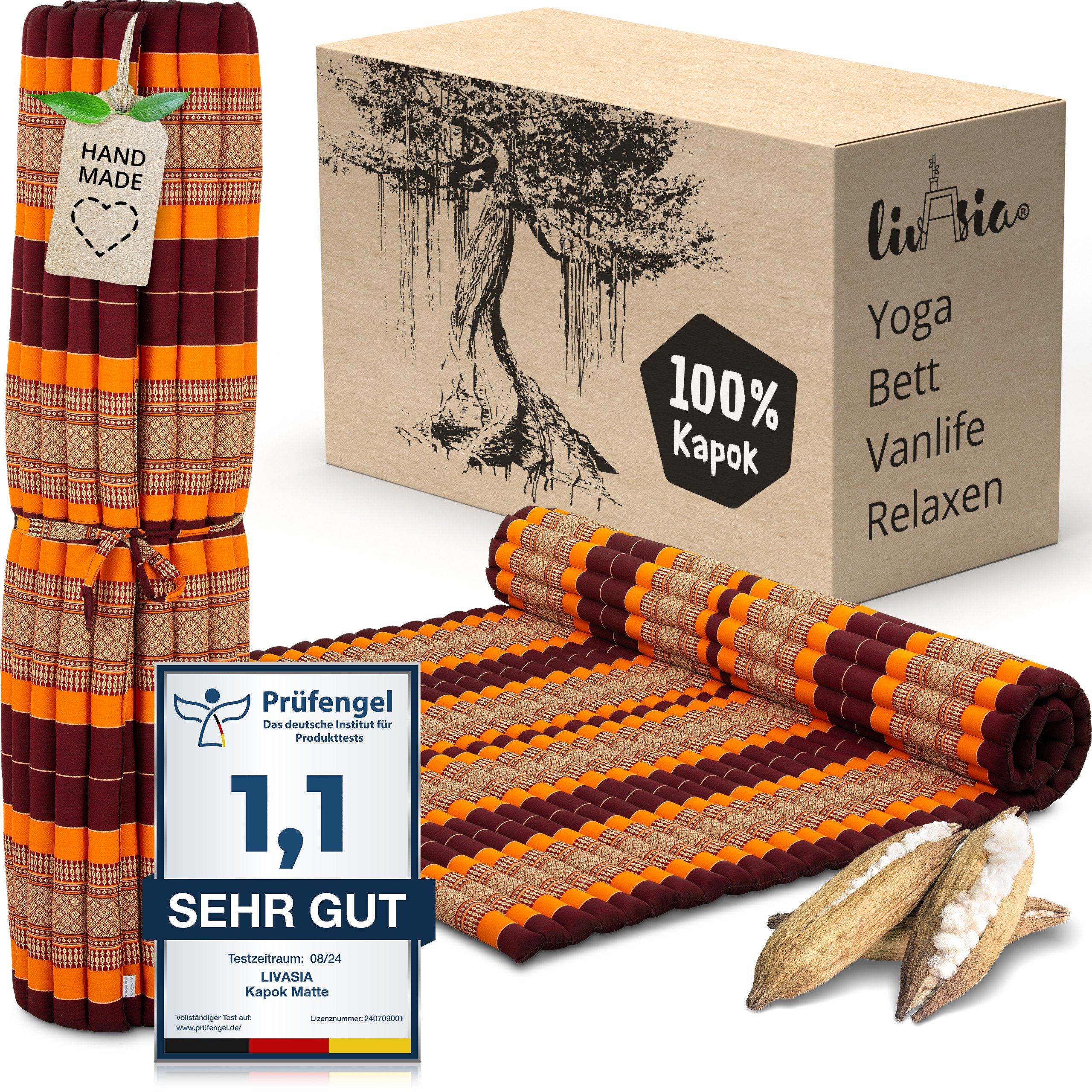 Reisebett-Matratzen Rollmatte 145 cm breit, vegan und handgefertigt, 205x145x4,5cm, livasia, 4.5 cm hoch, Kapok. Reduzierter Preis € 199,90. Unverbindliche Preisempfehlung € 259,90