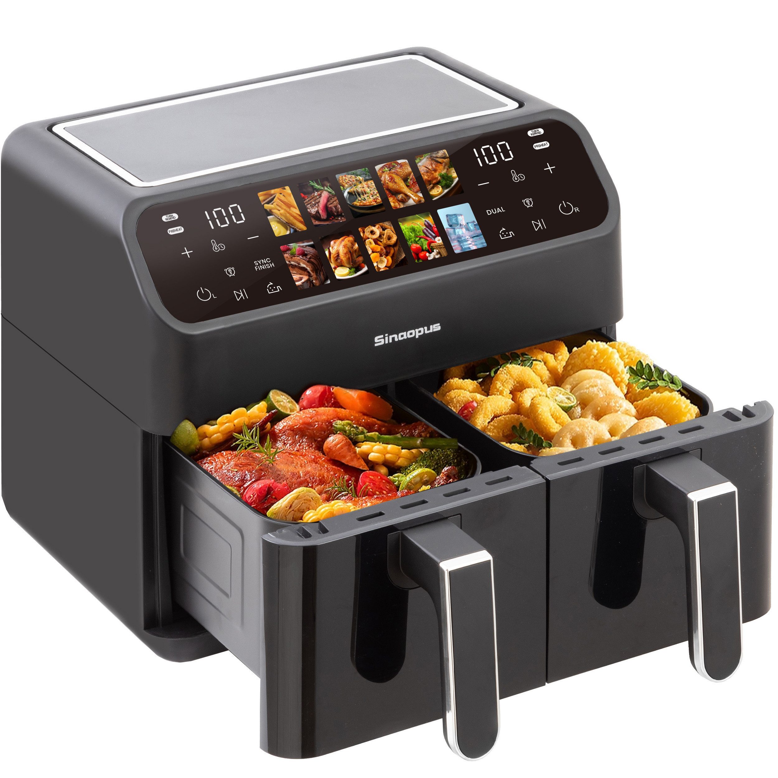 WHEELYOU Heißluftfritteuse 2 Kammern, 9L Airfryer Doppelkammer Einkammer Verstellbar, 2200 W, Touch Display, Sichtfenster, Silber/Edelstahl, Doppelkammer