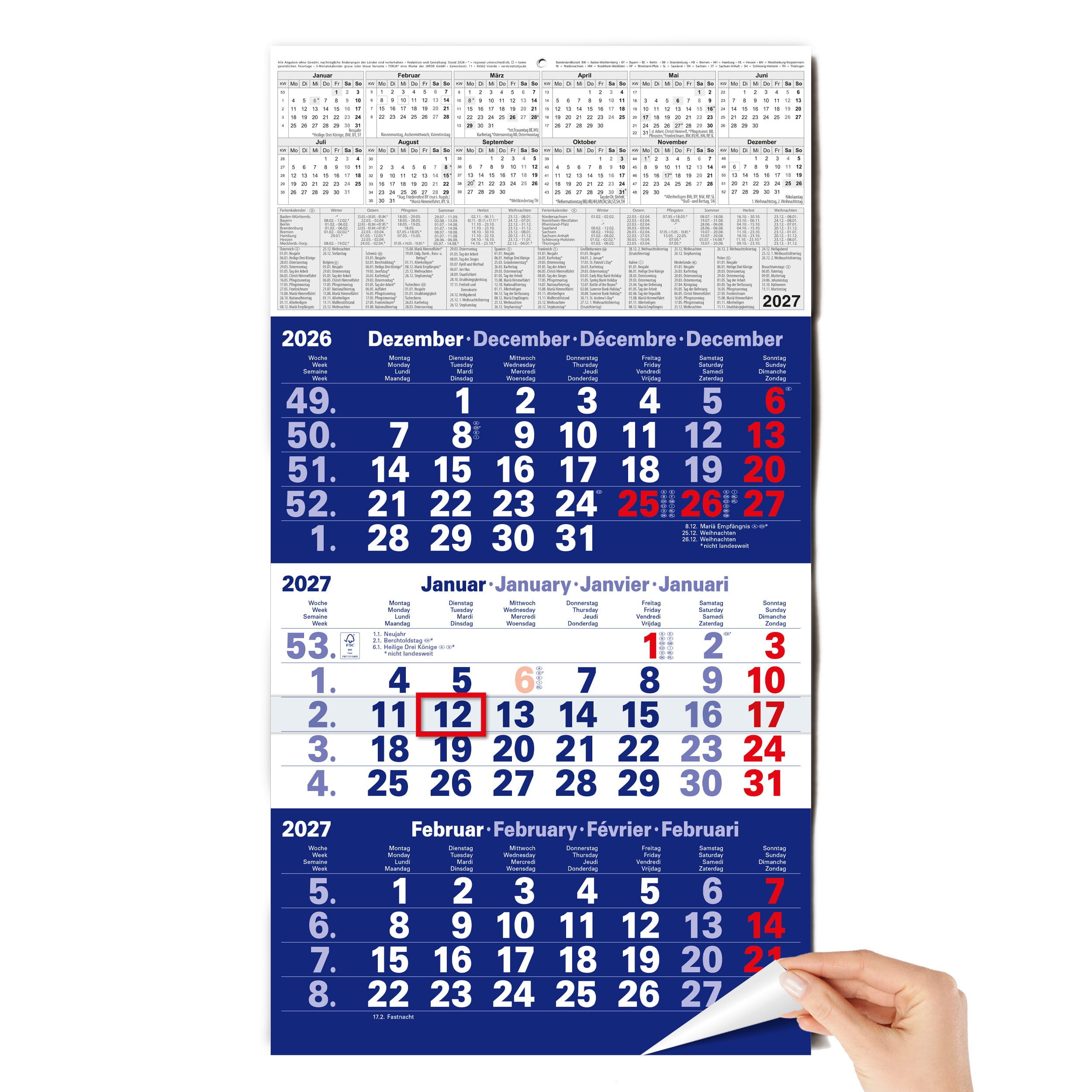 TOBJA Wandkalender 3 Monatskalender 2027 Blau mit Datumsschieber 30x56 FSC, Blau, Datumsschieber, Schulferien DE+AT, 4-sprachig, FSC-zertifiziert