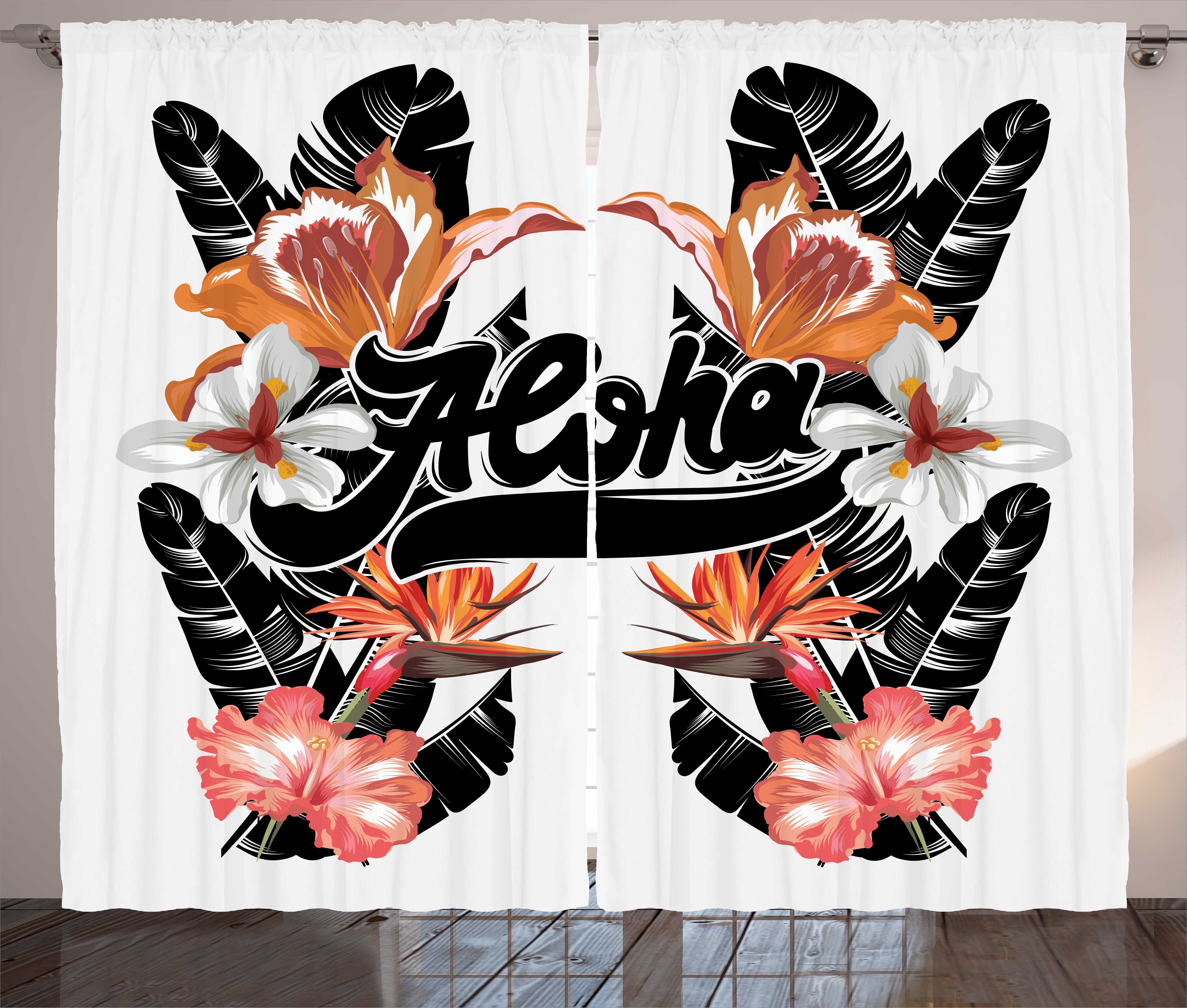 Gardine Schlafzimmer Kräuselband Vorhang Aloha und Schlaufen Kalligraphie mit Blätter Abakuhaus, Haken, Blumen