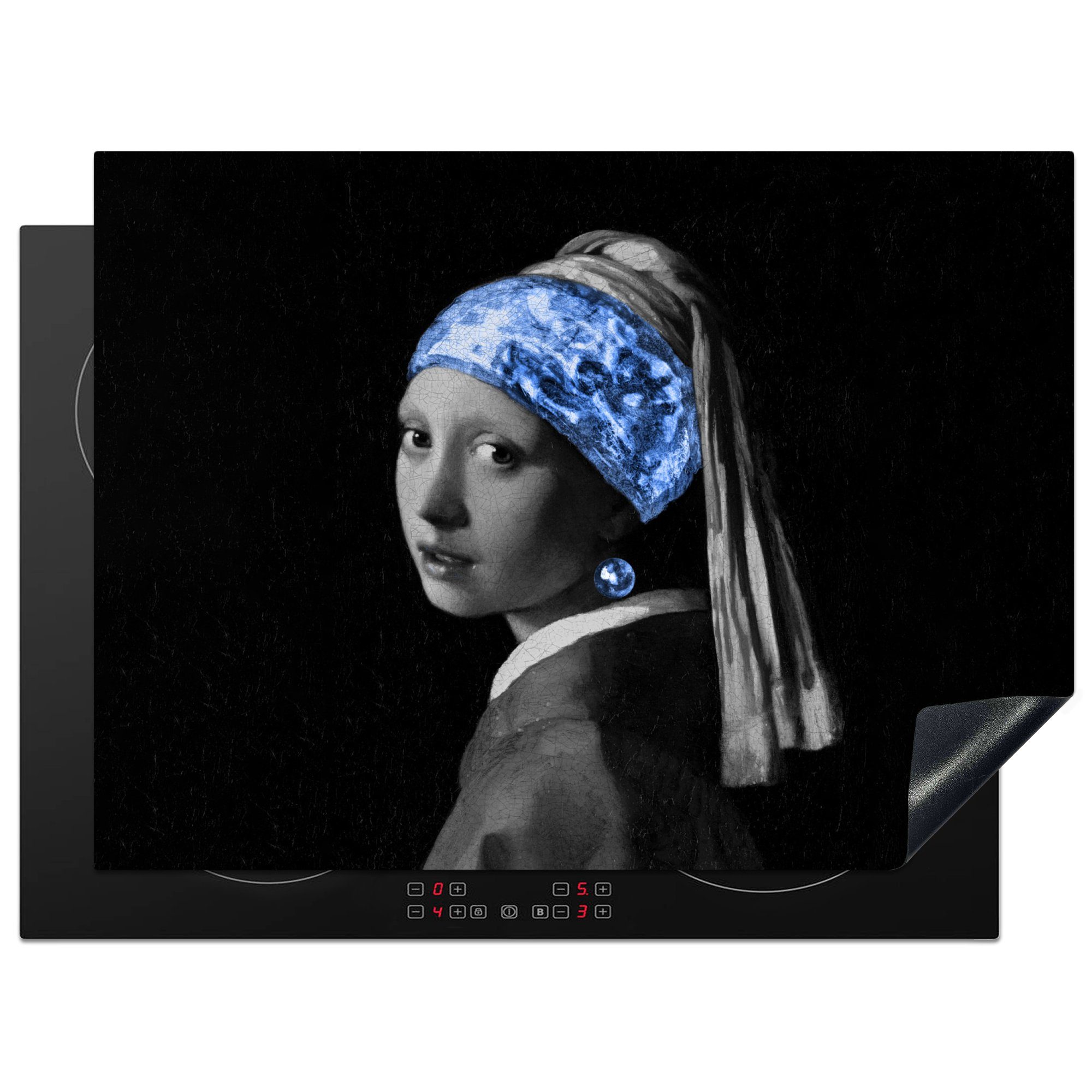 MuchoWow Herdblende-/Abdeckplatte Mädchen mit einem Perlenohrring - Kunst - Blau, Vinyl, (1 tlg), 71x52 cm, Induktionskochfeld Schutz für die küche, Ceranfeldabdeckung | Herdabdeckplatten
