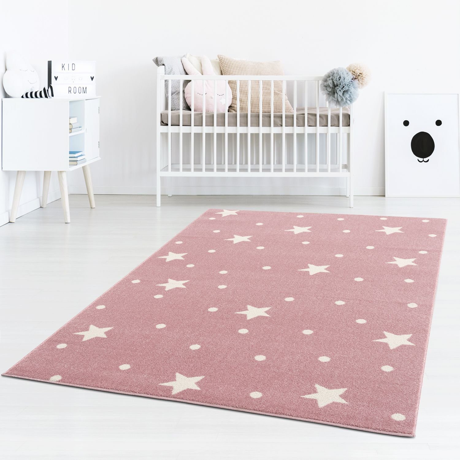 Kinderteppich Tara Kids Bueno mm, und 13 TaraCarpet, Kinderzimmer rosa Punkte creme Höhe: rosa 080X150 Babyzimmer Teppich kleine Sterne, weiß rechteckig, Sterne