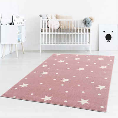 Kinderteppich Tara Kids Bueno kleine Sterne, TaraCarpet, rechteckig, Höhe: 13 mm, Kinderzimmer Babyzimmer Teppich Sterne und Punkte rosa creme 080X150