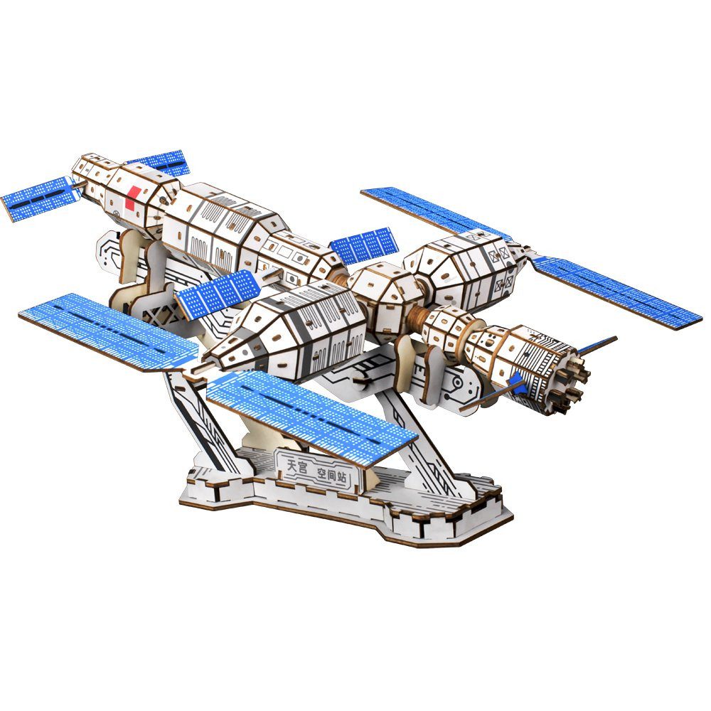 Kitcreatives 3D-Puzzle Kitcreatives Raumstation Bausatz aus Holz 3D Puzzle DIY, Puzzleteile