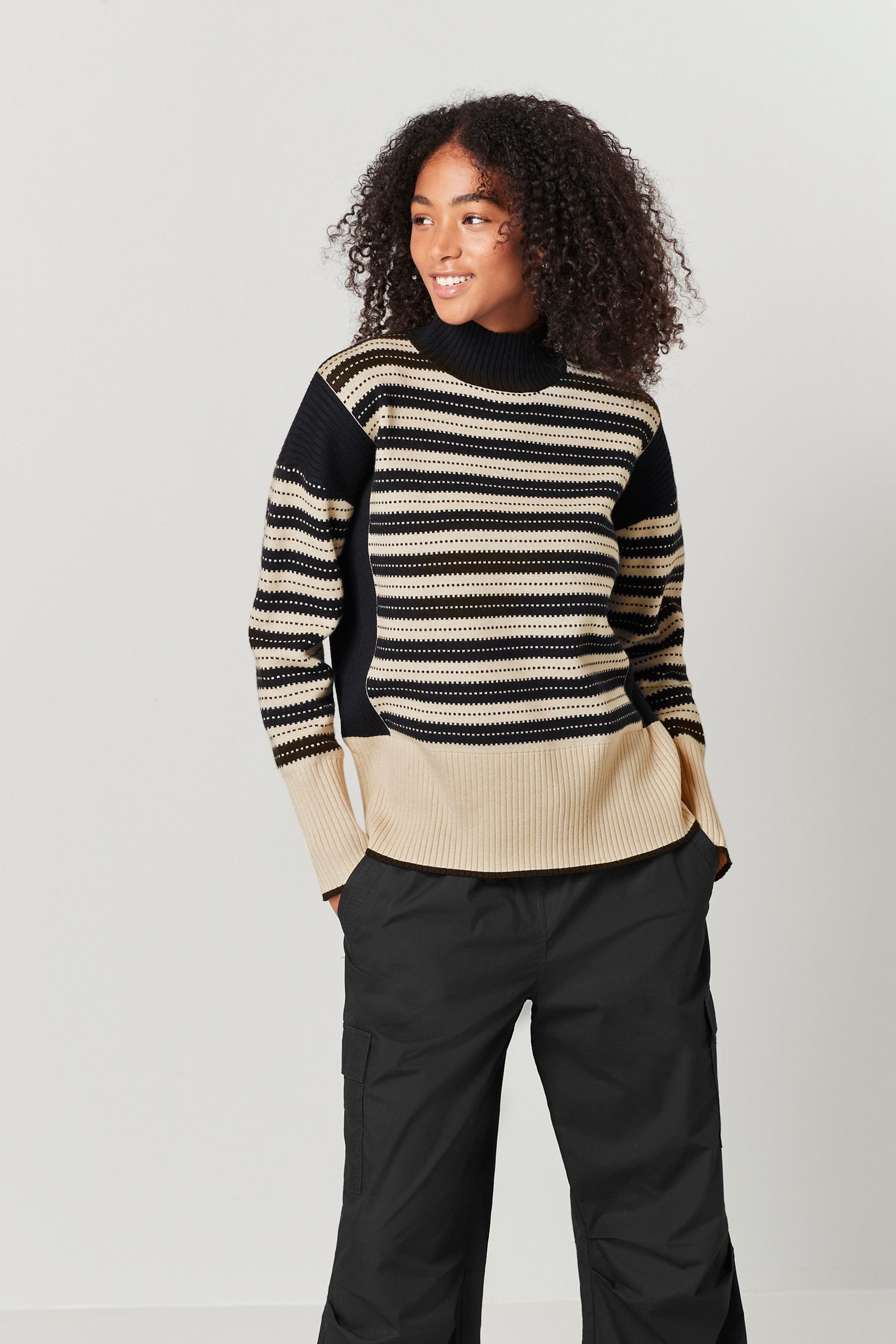 (1-tlg) Pullover Stripe Stehkragen Brown/Black Next mit Stehkragenpullover Camel