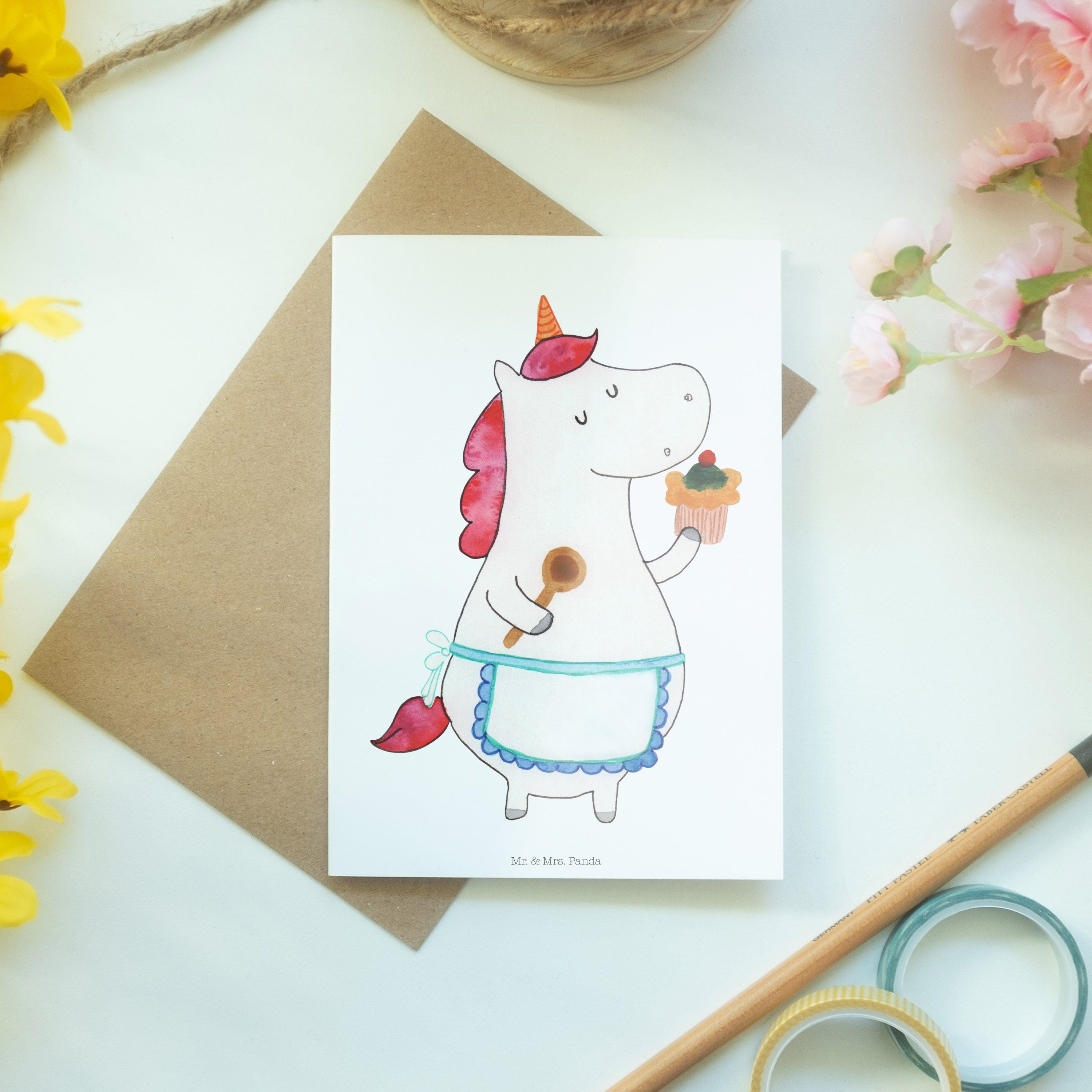 Mr. & Mrs. Panda - - Küchenfee Einhorn Pegasu Grußkarte Einladungskarte, Unicorn, Weiß Geschenk