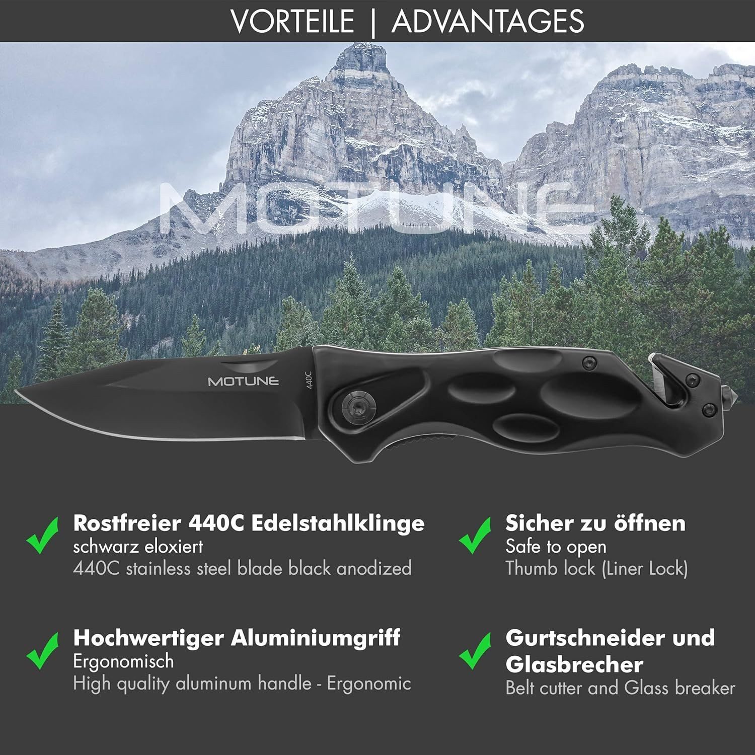 BURI Taschenmesser Klappmesser 3in1 Taschenmesser Outdoor Messer Zweihandmesser Edelstahl