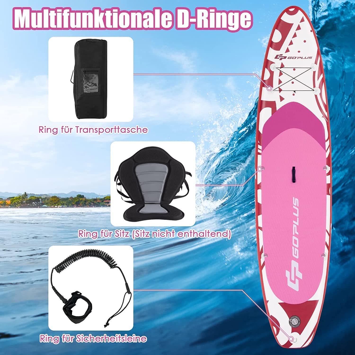 Stand Board, SUP-Board Paddling ohne COSTWAY rosa Up Sitz, bis 150kg