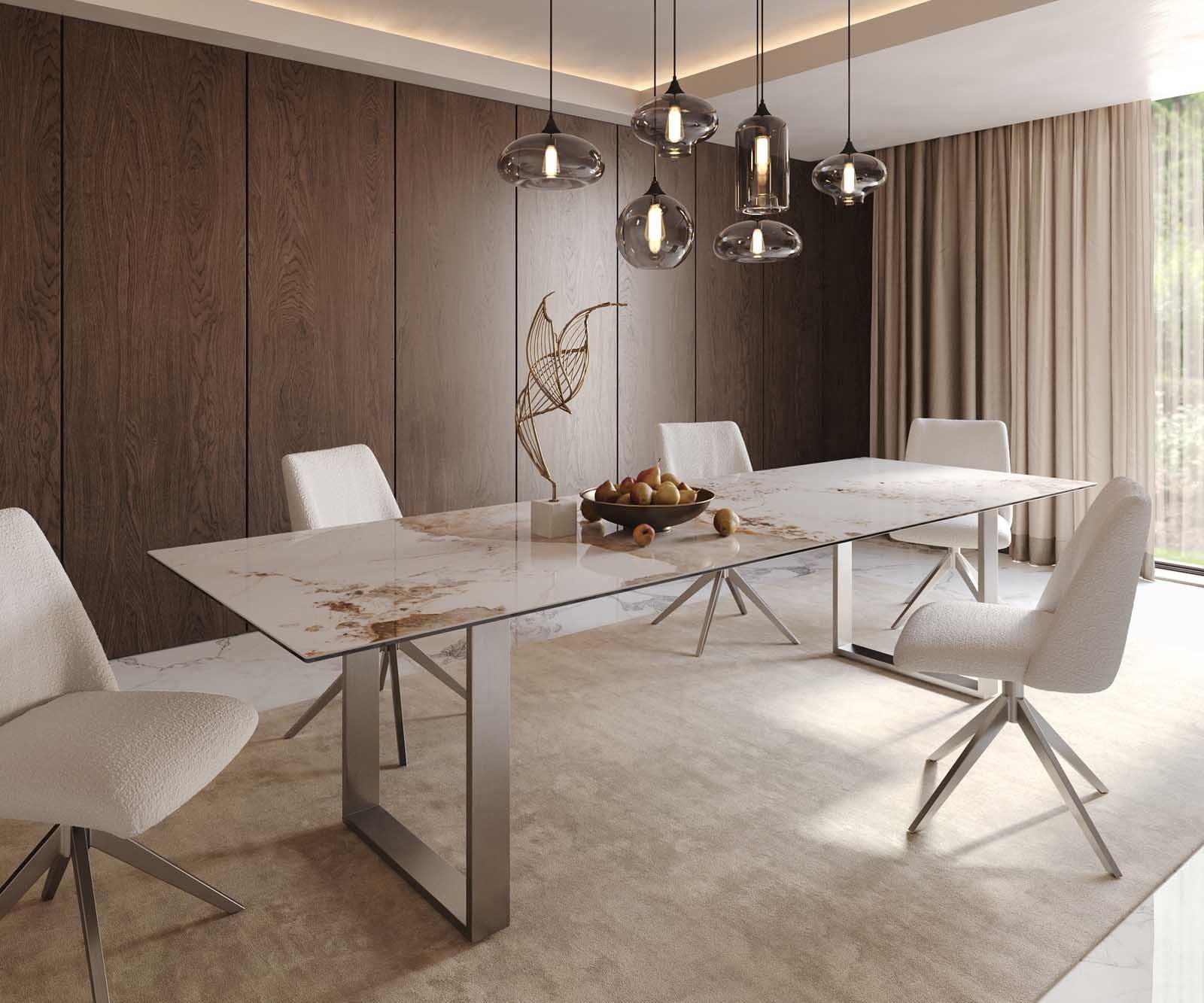 DELIFE Esstisch Edge, Keramik Minas Melange Weiß-Beige 300x100 Edelstahl Schmal