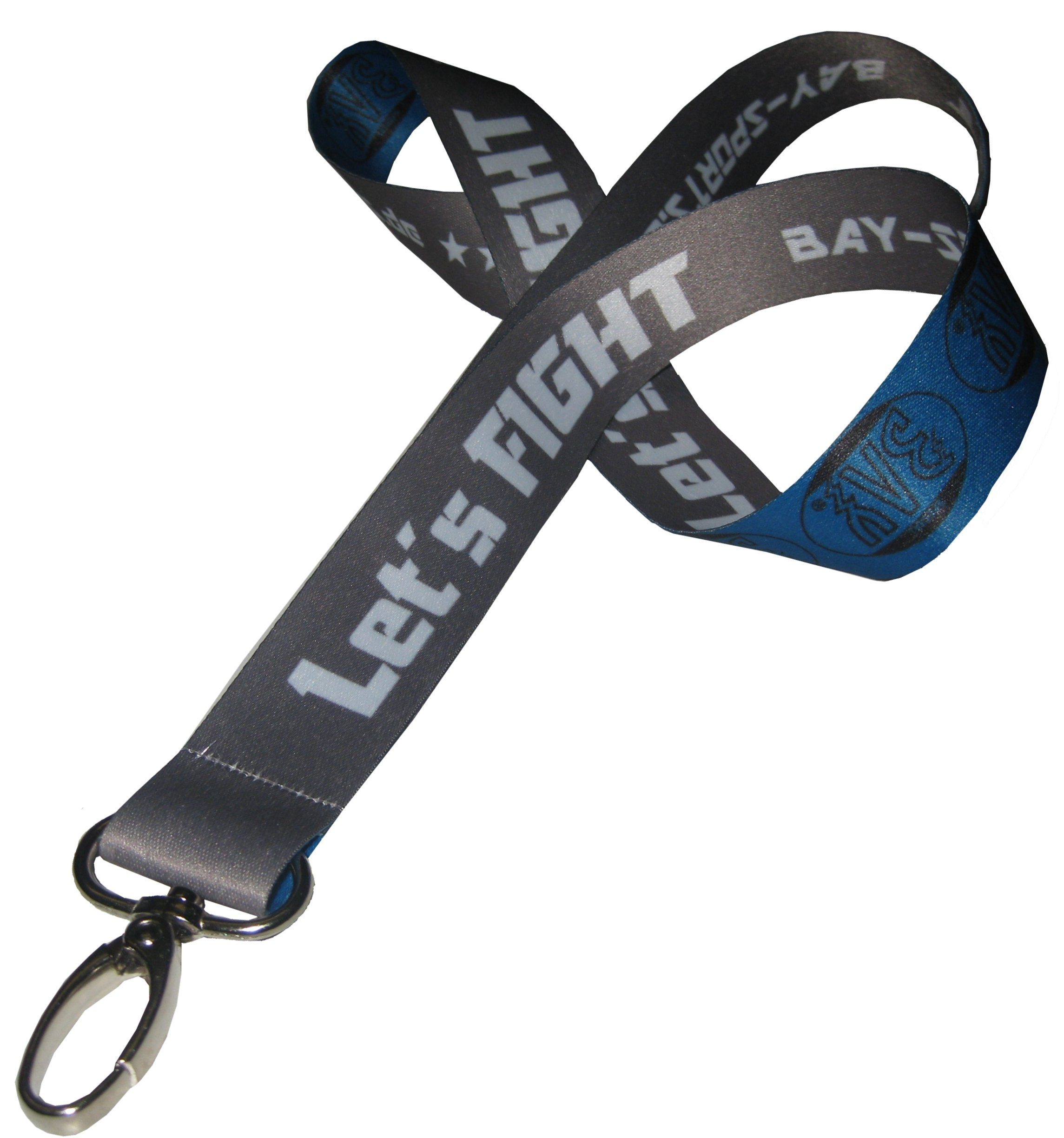 BAY-Sports Schlüsselanhänger Let´s Fight Kampfsport Schlüsselband Lanyards Kickboxen Thaiboxen MMA (grau-blau, mit Karabinerhaken, Satin, 47 cm), K-1 Muay Thai Kung Fu Krav Maga Karate Taekwondo Judo Budosport