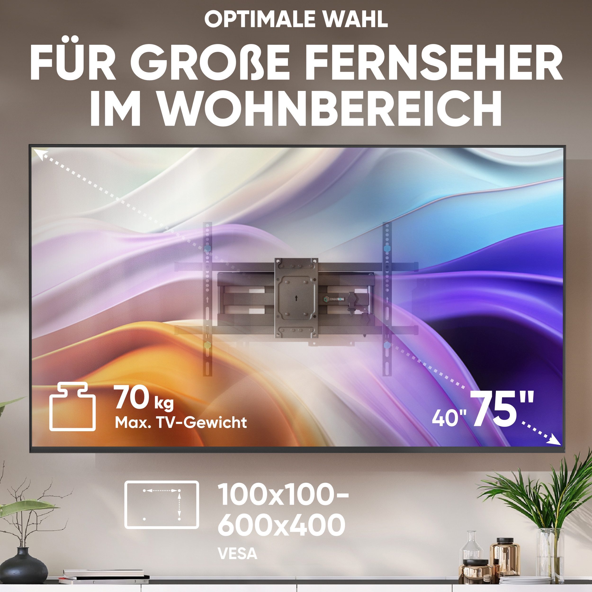 ONKRON TV-Wandhalterung 40-75 Zoll, bis 70 kg, VESA 100x100-600x400, M6L-B, (bis 75,00 Zoll, schwenkbar, neigbar, ausziehbar, Doppelarm, Kabelmanagement)