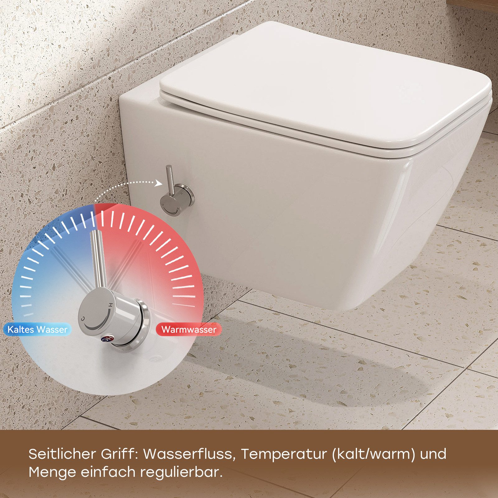 HOROW Dusch-WC Taharet -WC mit Softclose Toilettensitz, spülrandlose Toilette, Toilette mit Bidet-Funktion, Abgang waagerecht, Set, Wand-WC mit WC-Sitz Absenkau – Bild 4 von 5