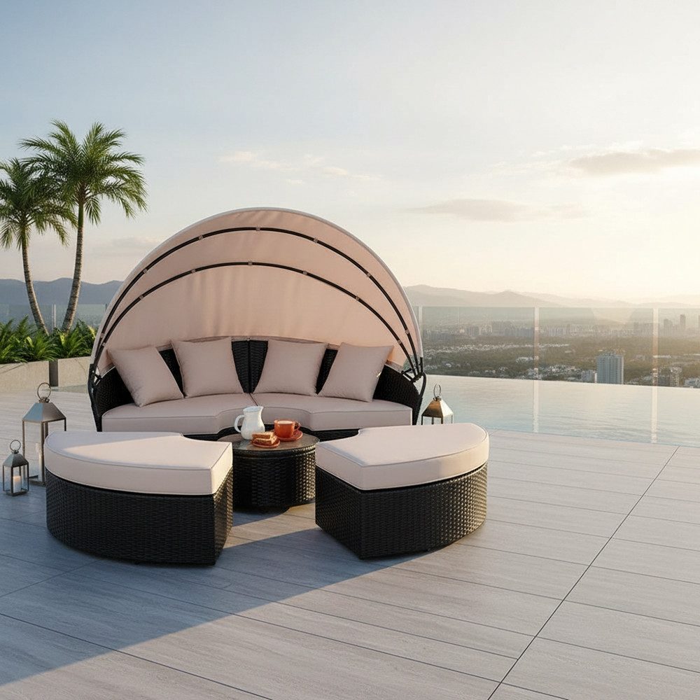 Melko Gartenlounge-Set Polyrattan Sonneninsel Tisch & Kissen 180CM Strandkorb Set, (Stück), Wasserabweisend