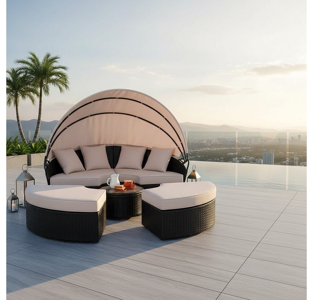 Melko Gartenlounge-Set Polyrattan Sonneninsel Tisch & Kissen 180CM Strandkorb Set, (Stück), Wasserabweisend