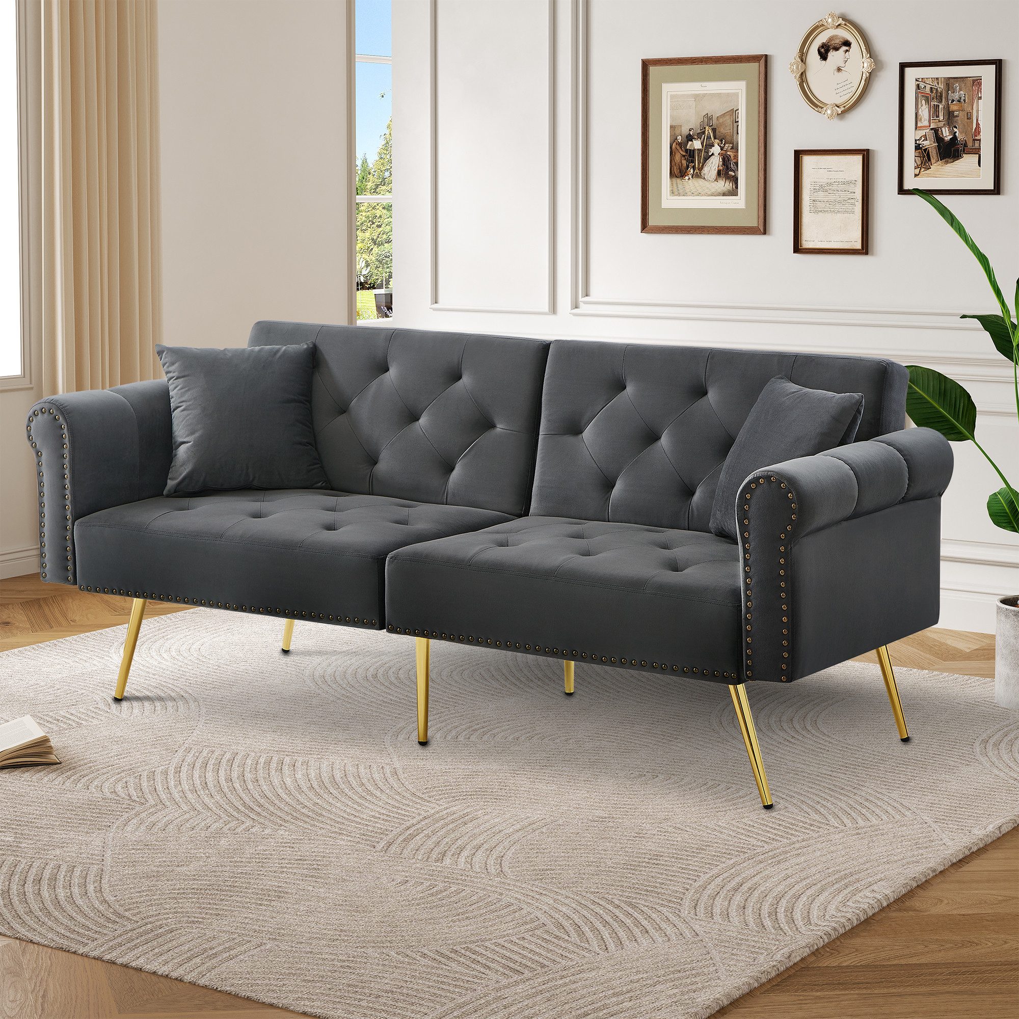 Merax Schlafsofa mit Bettfunktion, 1 Teile, 2-Sitzer-Sofa mit verstellbarer Rückenlehne & goldenen Metallfüßen