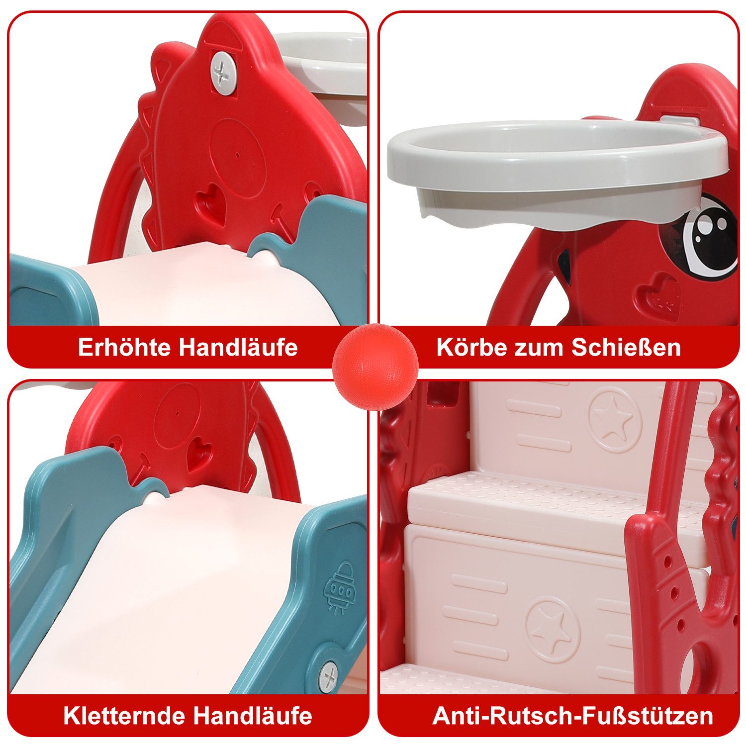 Clanmacy Rutsche 4-in-1 Kinderrutsche mit Basketballkorb Wurfring Englisch-Lerngerät