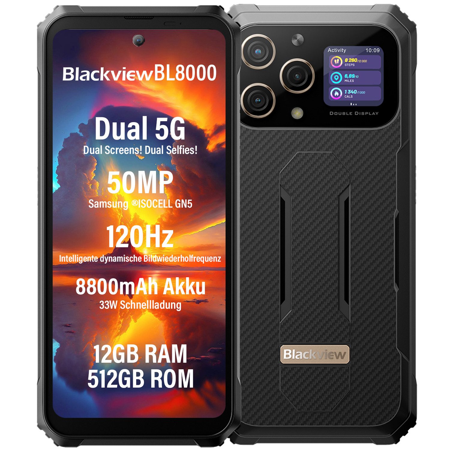 blackview BL8000 Smartphone (6.78 Zoll, 512 GB Speicherplatz, 50 MP Kamera, 5G MediaTek Dimensity 7050, NFC/Face ID/GPS/IP69K)