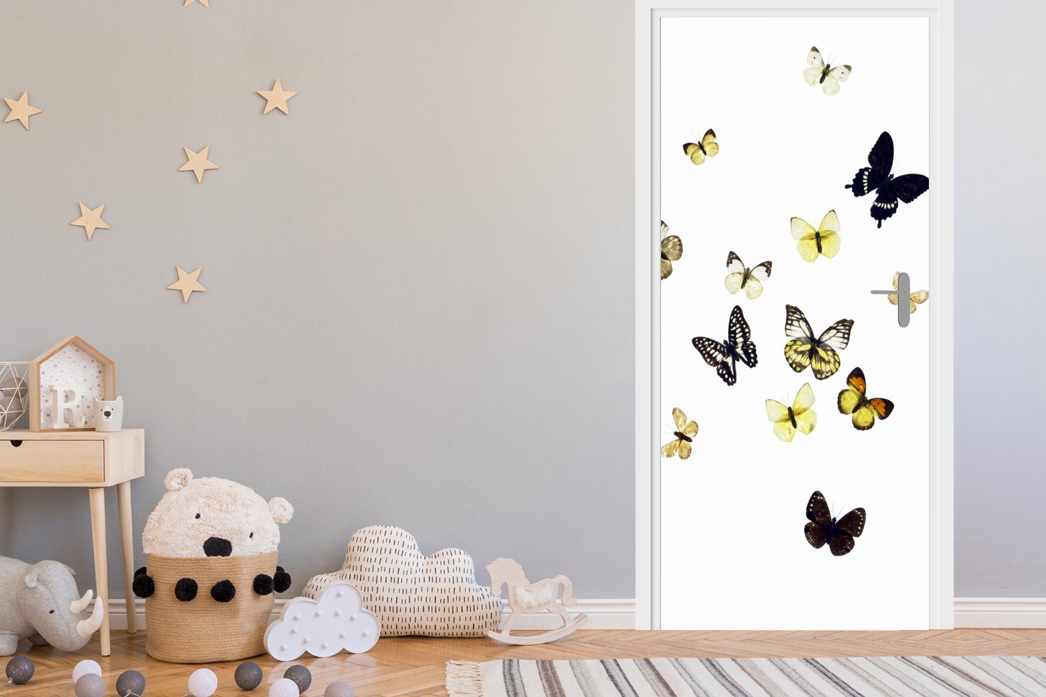 MuchoWow Türtapete Schmetterlinge auf weißem (1 cm Matt, 75x205 bedruckt, Türaufkleber, Hintergrund, Tür, St), Fototapete für