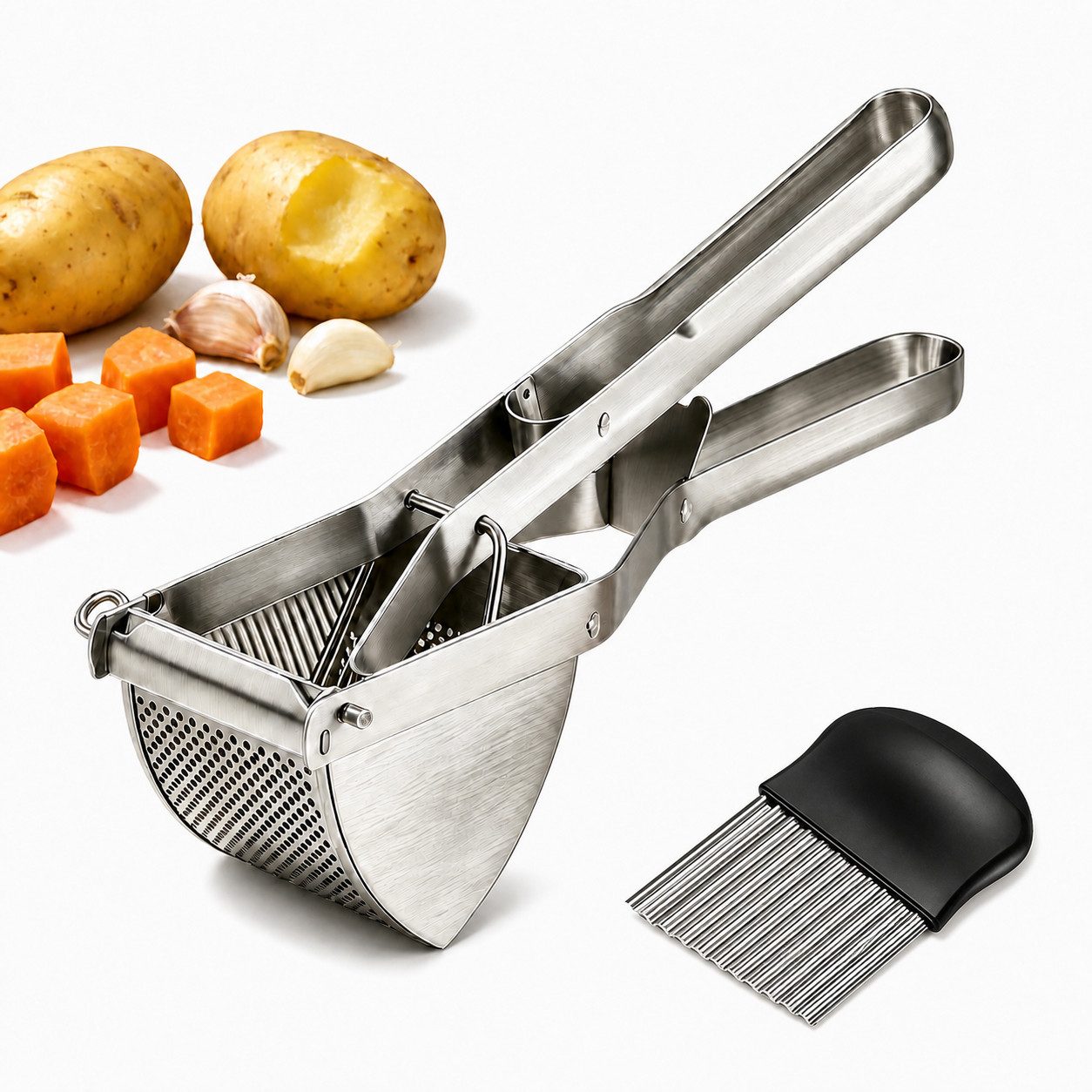 GLIESE POWER Kartoffelpresse aus Edelstahl, Stampfer mit Kartoffelschneidmesser für Püree, Edelstahl, 30 cm Griff – mühelos & klumpenfrei für Kartoffeln & Gemüse.