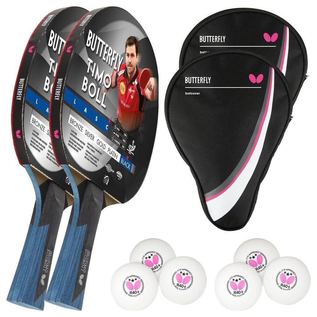 Butterfly Tischtennisschläger 2 x Timo Boll Black 85031 + 2 x Hülle + Bälle, Tischtennis Schläger Set Tischtennisset Table Tennis Bat Racket