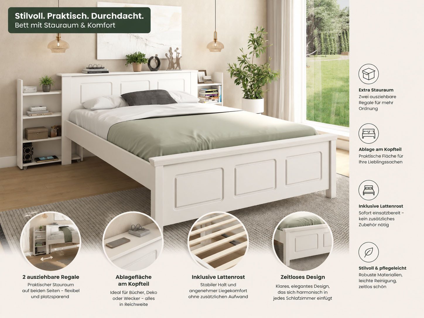 OTTO home Bett Malme, mit unsichtbaren, herausziehbaren Regalen, maximaler Stauraum (Liegefläche 140x200cm), inklusive Lattenrost, Made in EU, FSC® zertifiziertes Massivholz