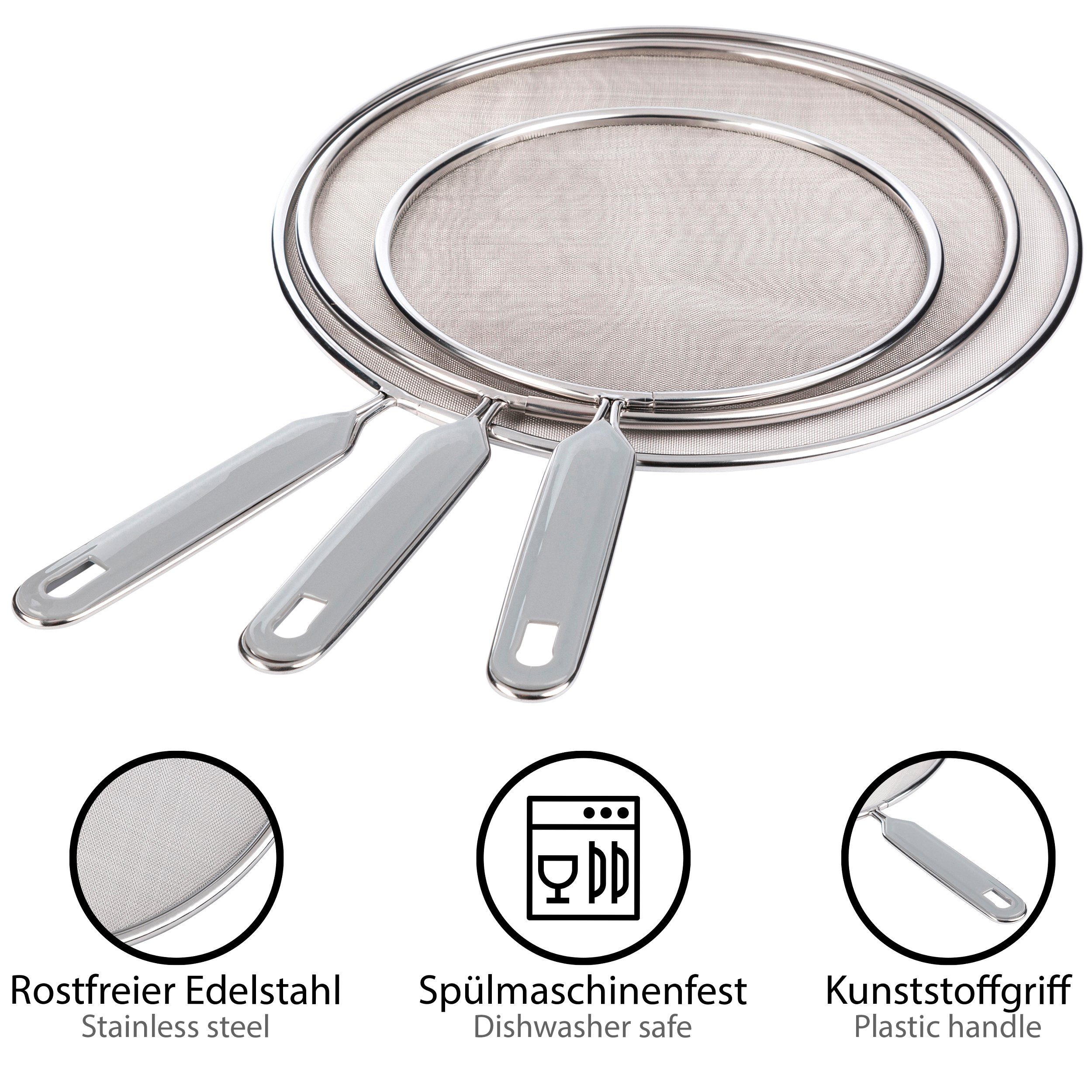 ONVAYA Bratpfanne Pfannenspritzschutz, 3-tlg. Set, ∅ 20 - 29 cm, rostfreier Edelstahl, rostfreiem Edelstahl mit Kunststoffgriff (3-tlg) – Bild 3 von 5