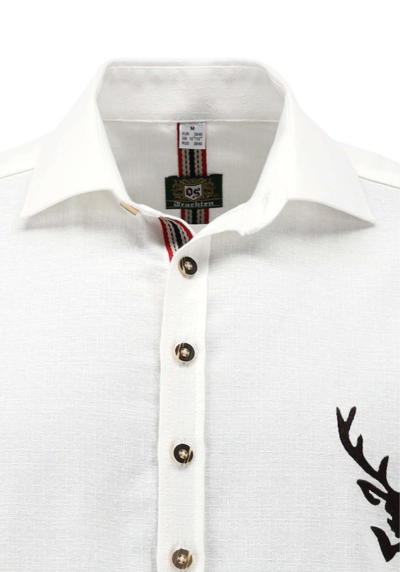 OS Trachten Trachtenhemd Naray Slim Fit, Haifischkragen, 1/1-Arm, Hirschdruck auf der Brust, Zierband