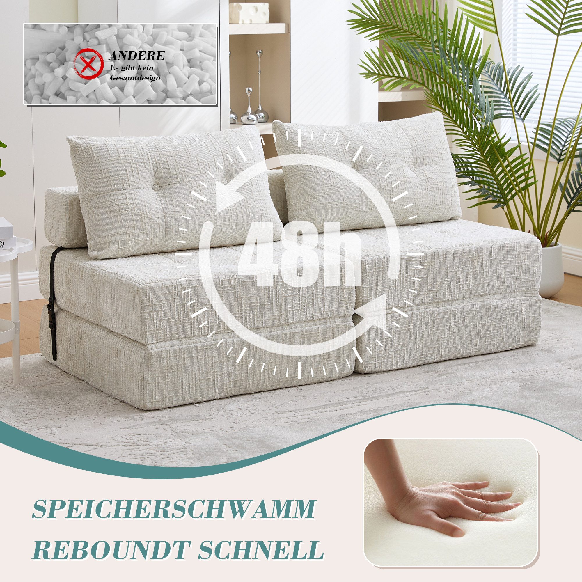 OKWISH Sofa Einzelsofa, Schlafsofa, Bequemes faltbares Wohnzimmer Sofa mit Kissen & Rückenlehne – Klappmatratze, für Gästezimmer & Wohnzimmer