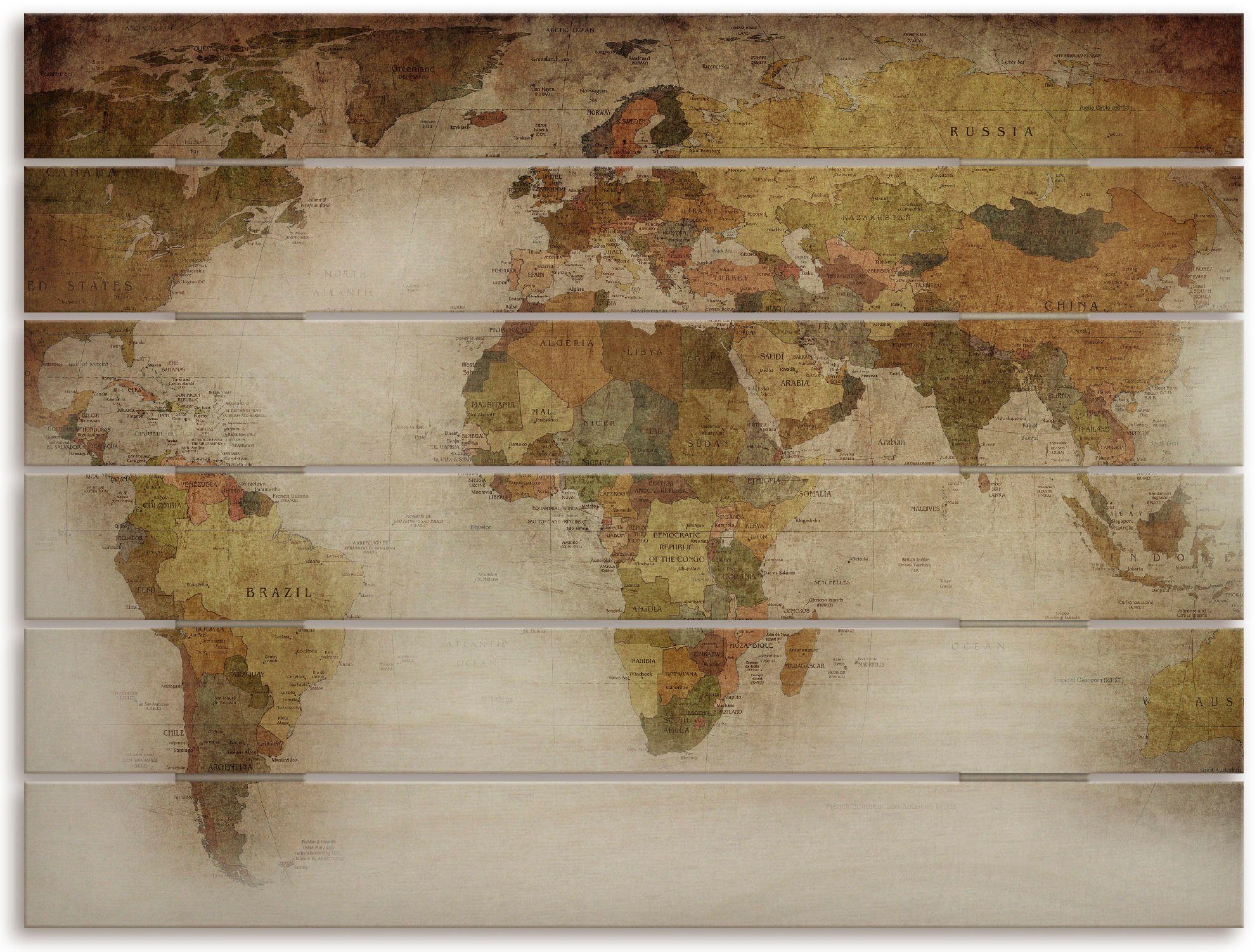 Artland Holzbild Weltkarte, Land- & Weltkarten (1 St), Wandbild aus einer  12 mm Multiplexplatte aus Birkenholz in Plankenoptik