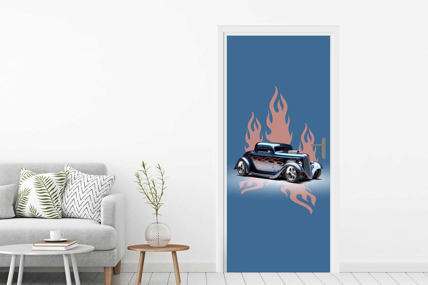 cm - Auto für Vintage, - Flammen bedruckt, - 75x205 (1 St), Türaufkleber, Fototapete Türtapete Blau Tür, MuchoWow Matt,