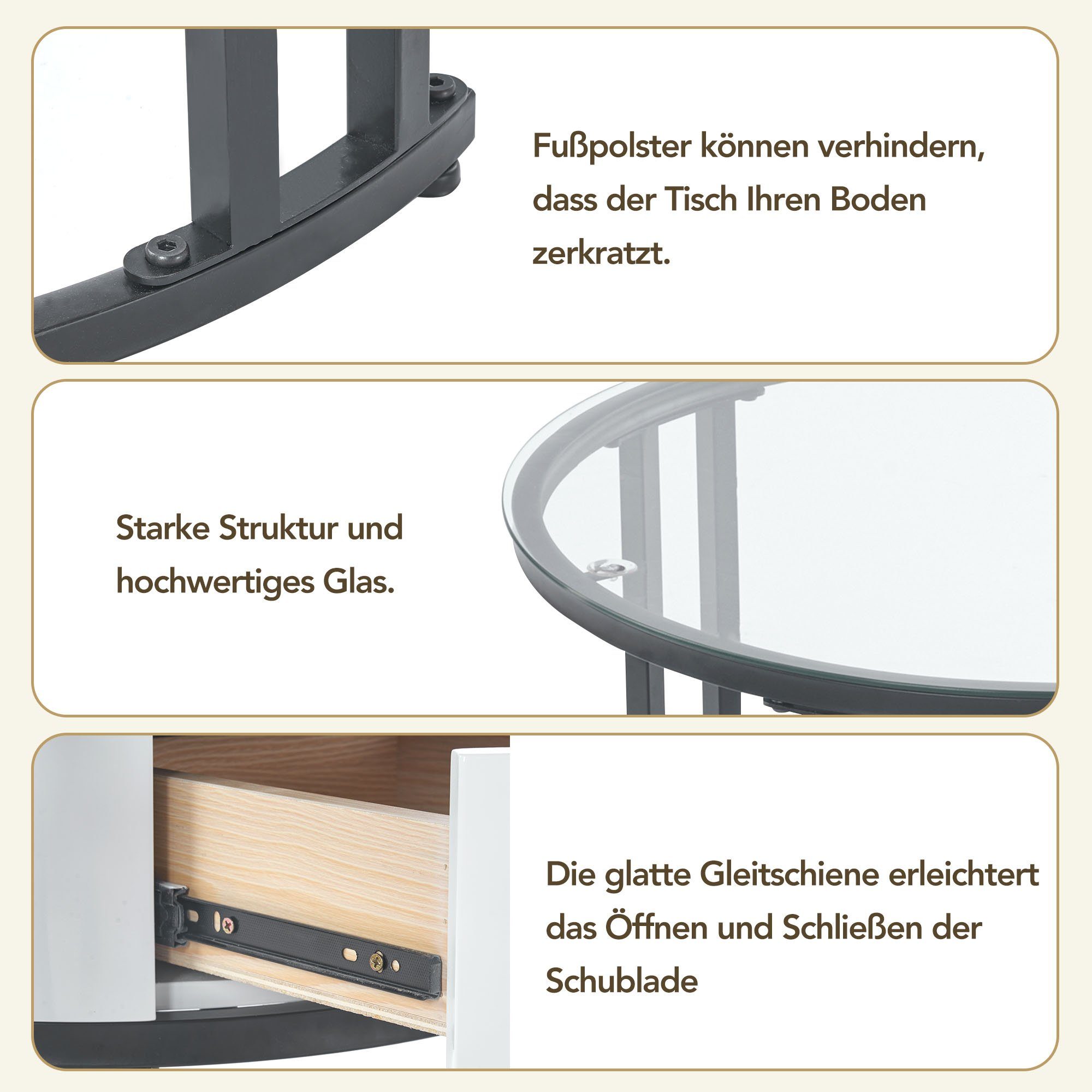 Schublade, 2er (2-St), und Marmor-Tischplatte mit Couchtisch Glasplatte Beistelltisch Set und mit Metallrahmen Merax Satztisch